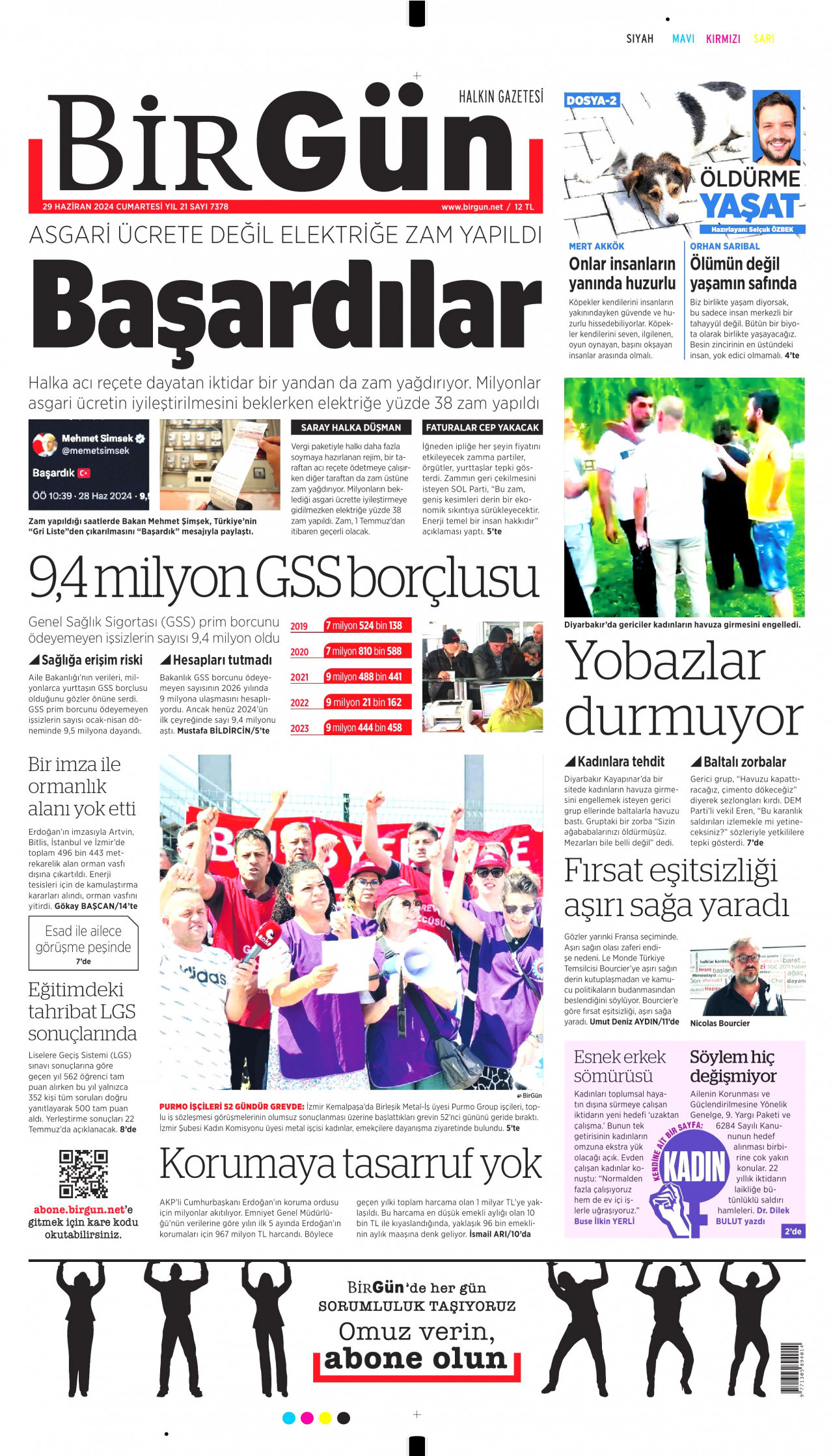 BİRGÜN gazetesinin 29 Haziran 2024 tarihli birinci sayfası