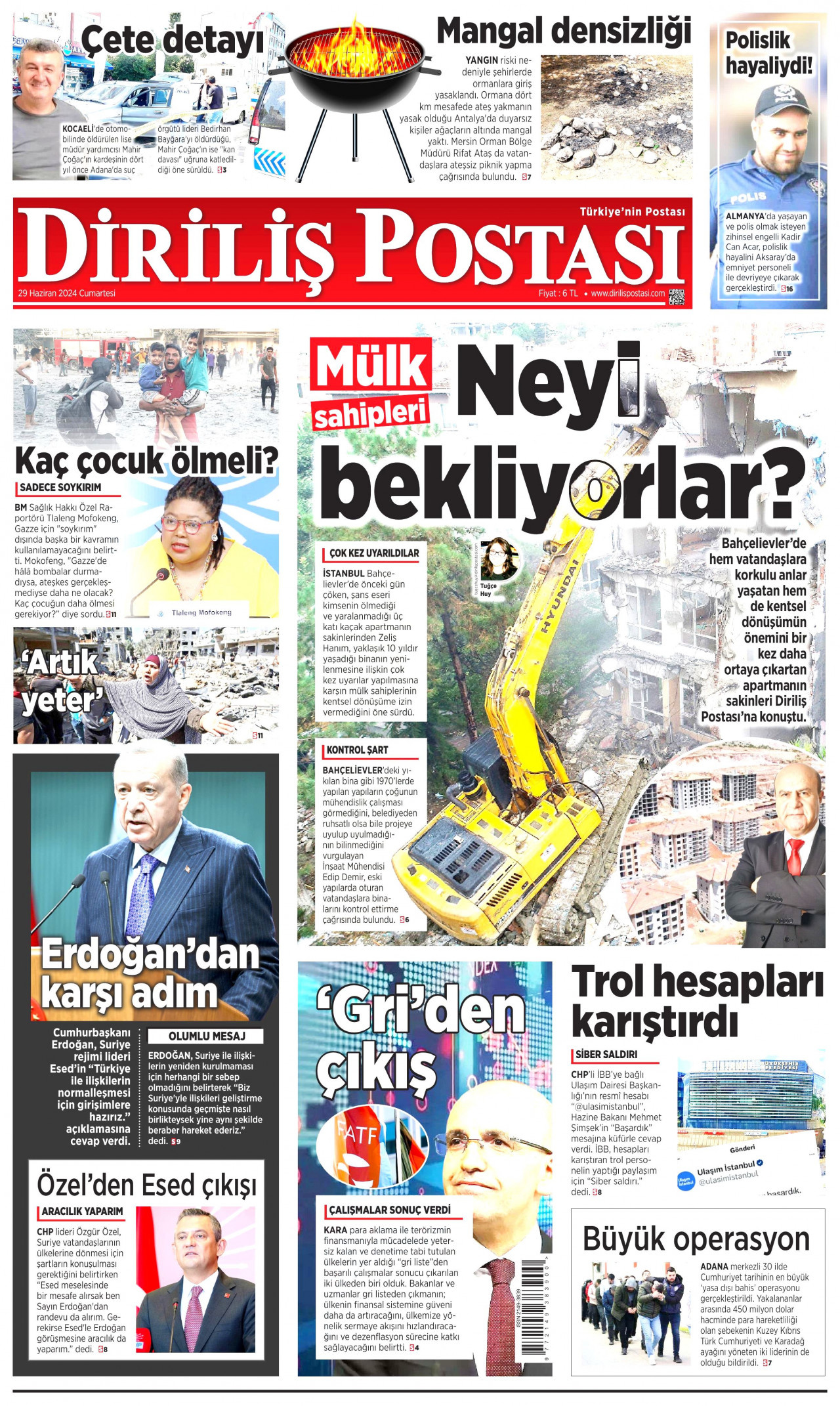 DİRİLİŞ POSTASI gazetesinin 29 Haziran 2024 tarihli birinci sayfası