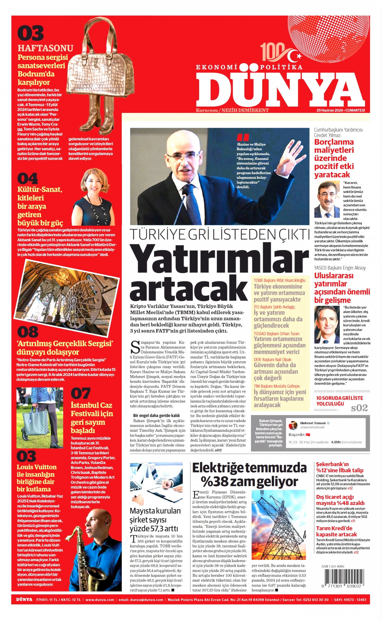 DÜNYA gazetesinin 29 Haziran 2024 tarihli birinci sayfası