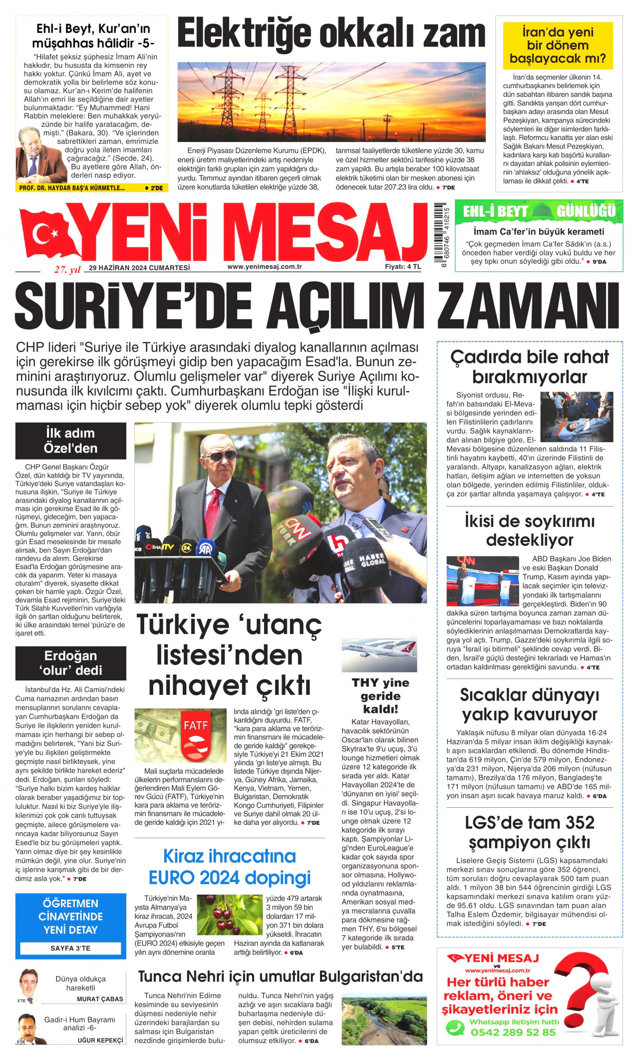 YENİ MESAJ gazetesinin 29 Haziran 2024 tarihli birinci sayfası