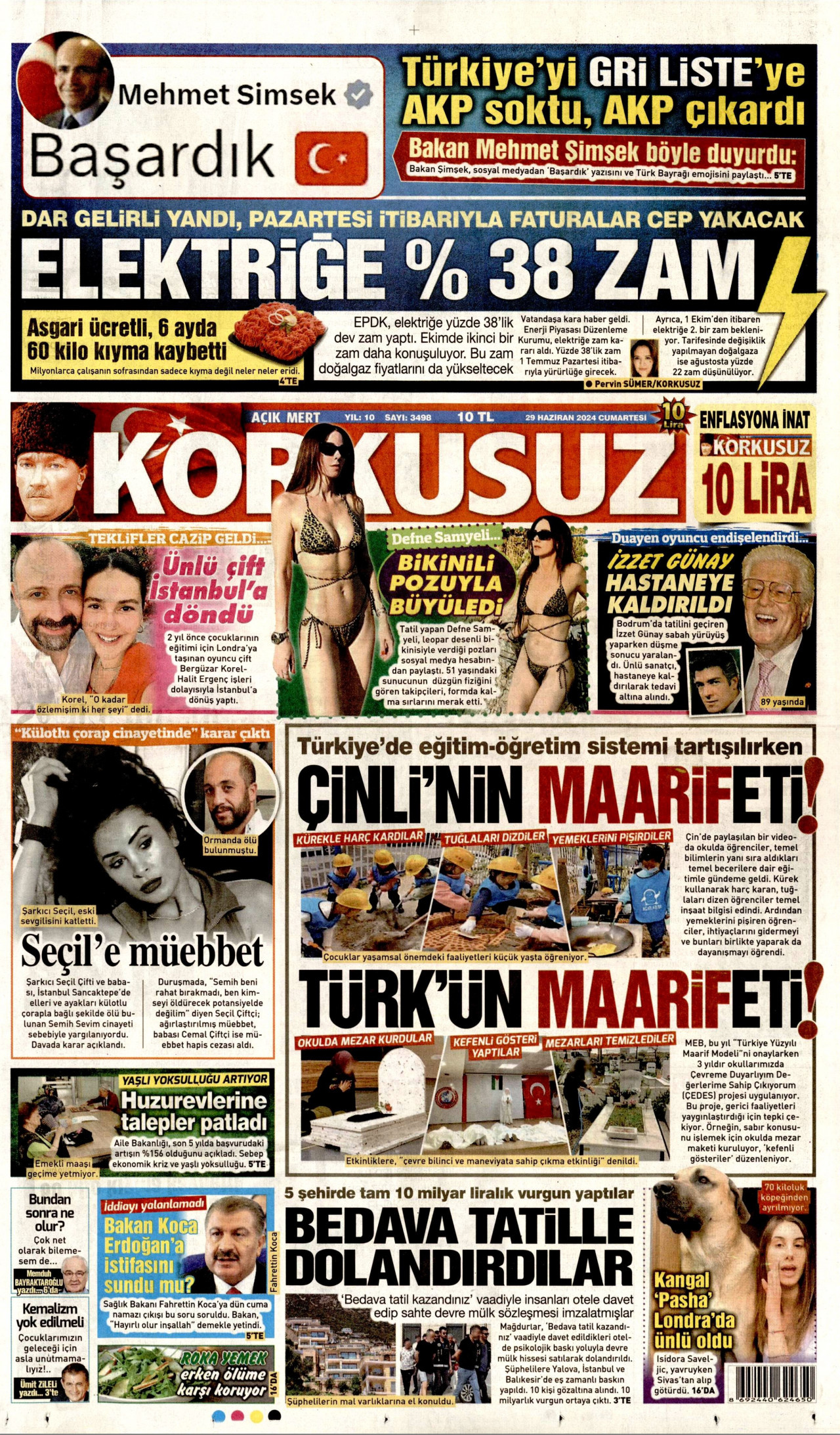 KORKUSUZ gazetesinin 29 Haziran 2024 tarihli birinci sayfası