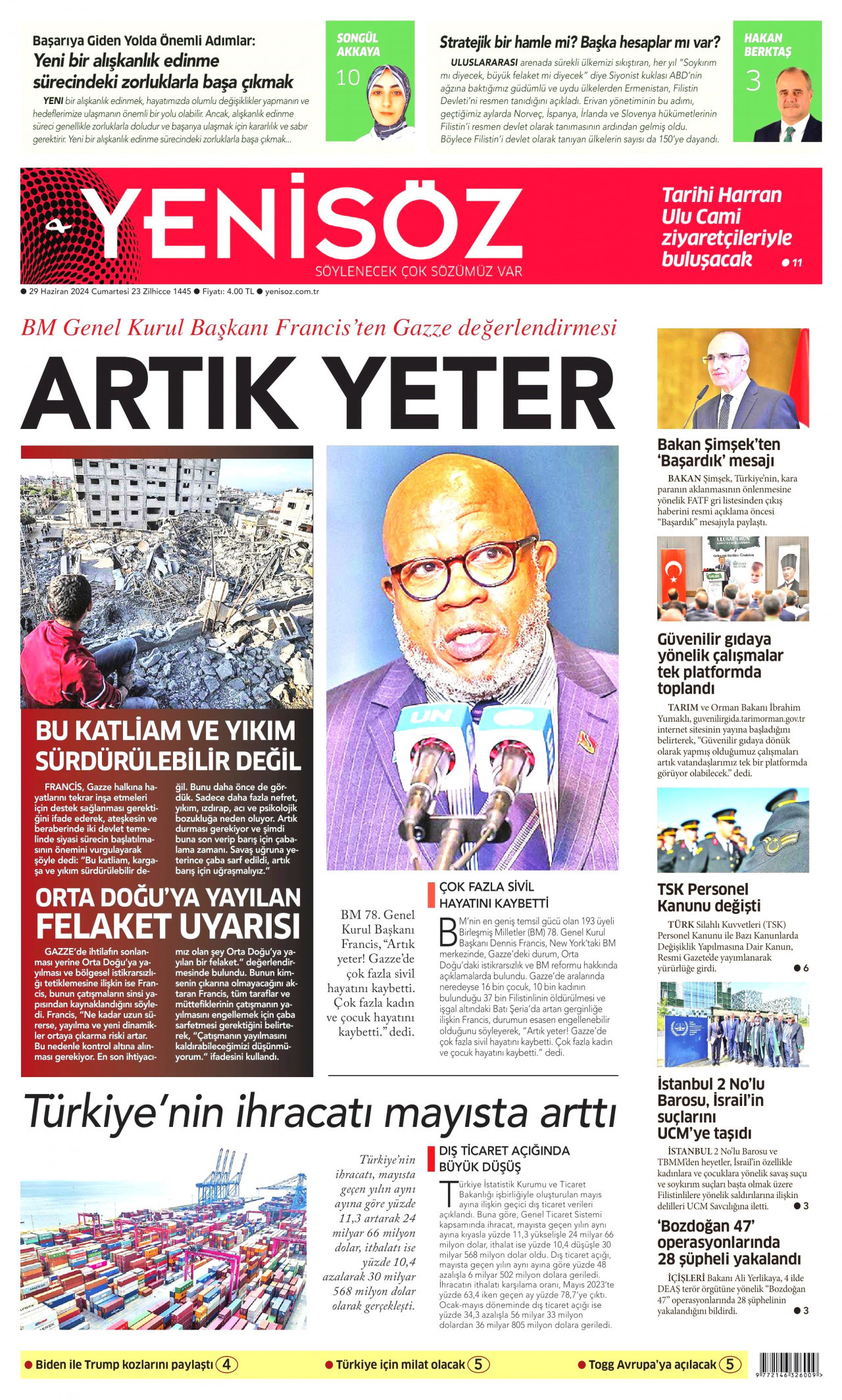 YENİ SÖZ GAZETESİ gazetesinin 29 Haziran 2024 tarihli birinci sayfası