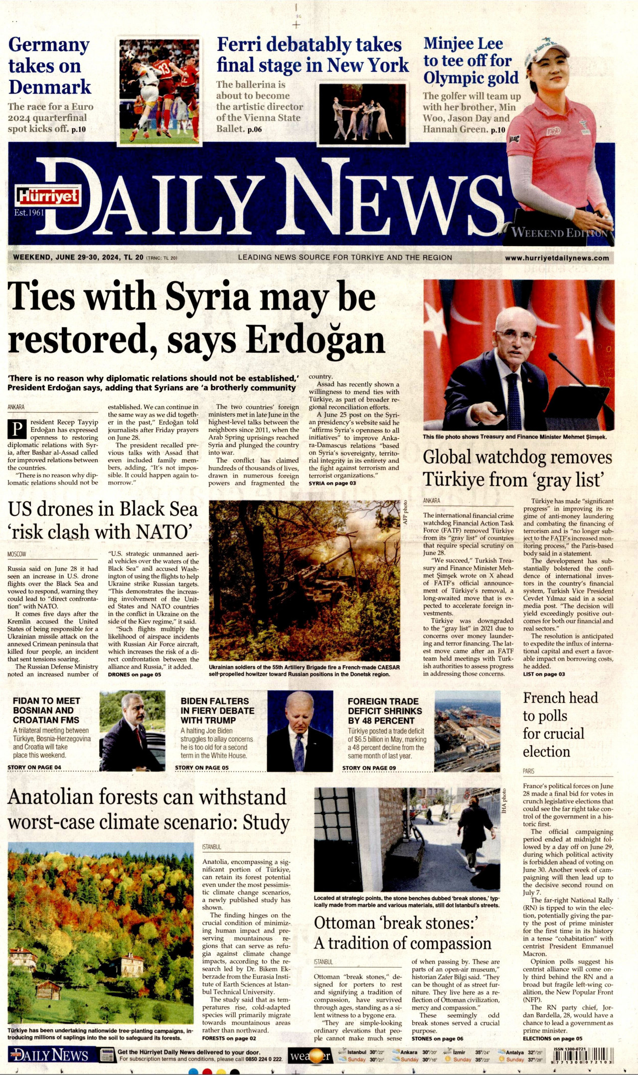 HÜRRİYET DAİLY NEWS gazetesinin 29 Haziran 2024 tarihli birinci sayfası