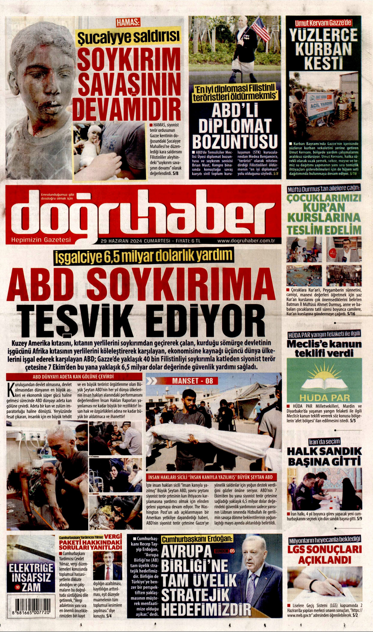 DOĞRU HABER gazetesinin 29 Haziran 2024 tarihli birinci sayfası