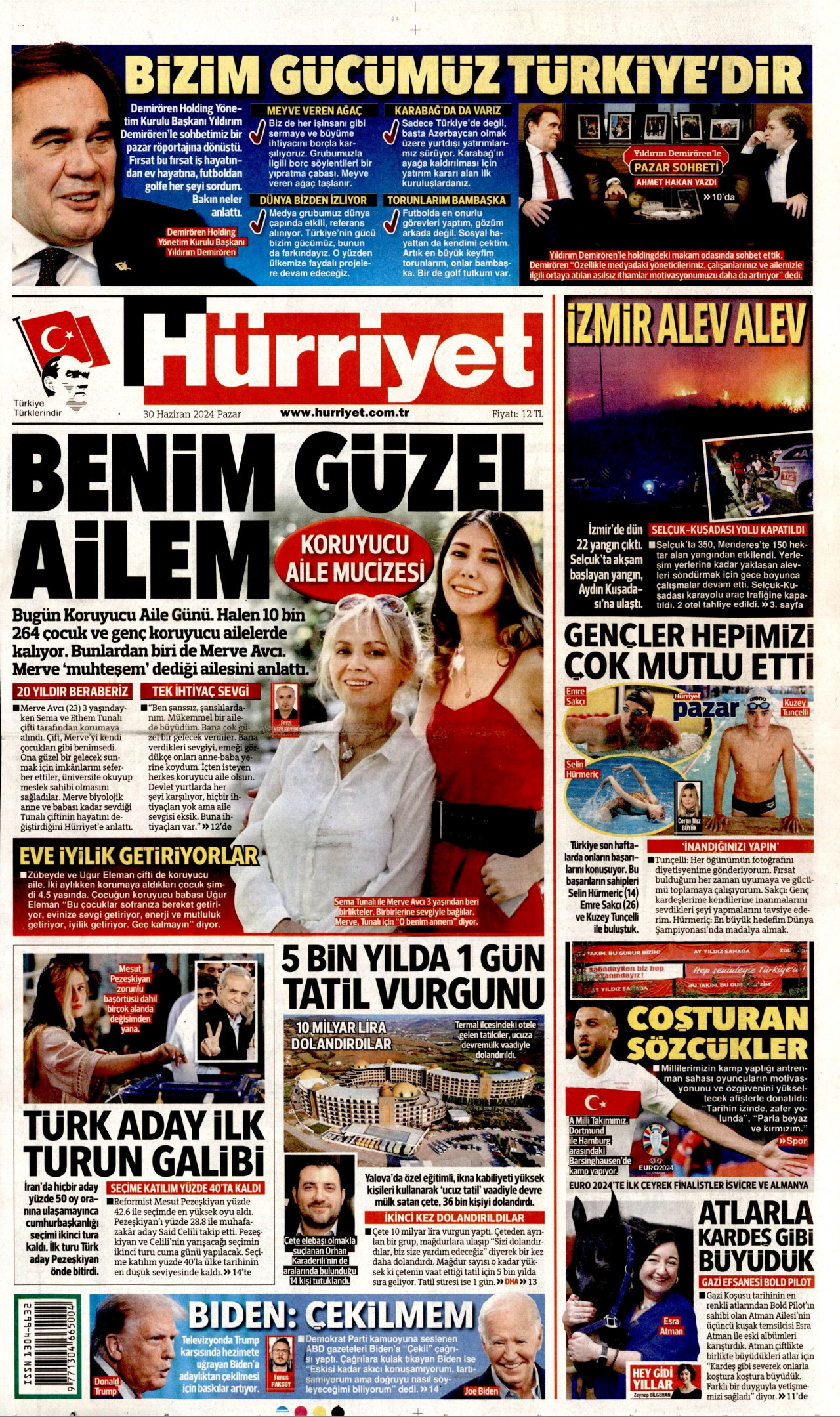 HÜRRİYET gazetesinin 30 Haziran 2024 tarihli birinci sayfası