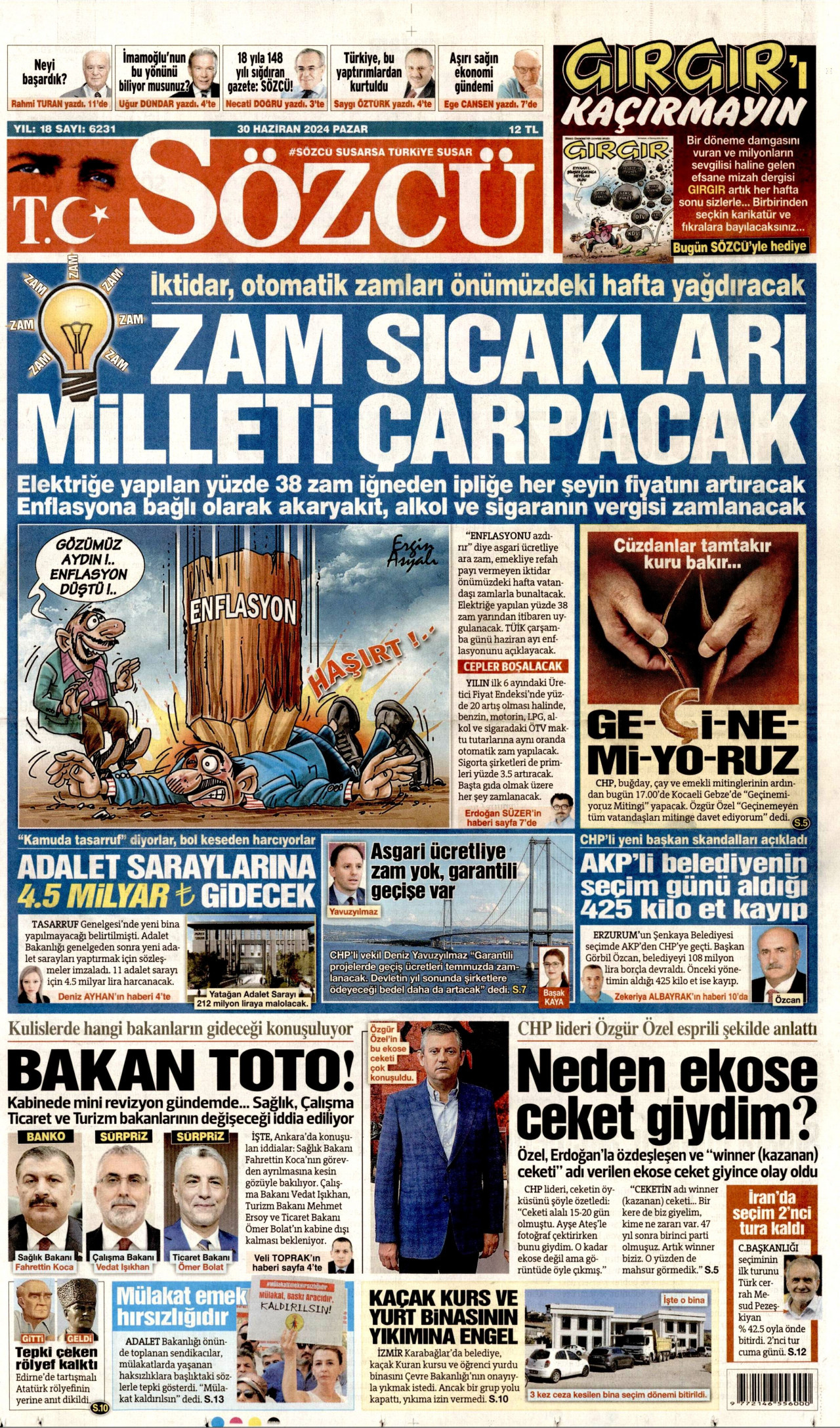 SÖZCÜ gazetesinin 30 Haziran 2024 tarihli birinci sayfası