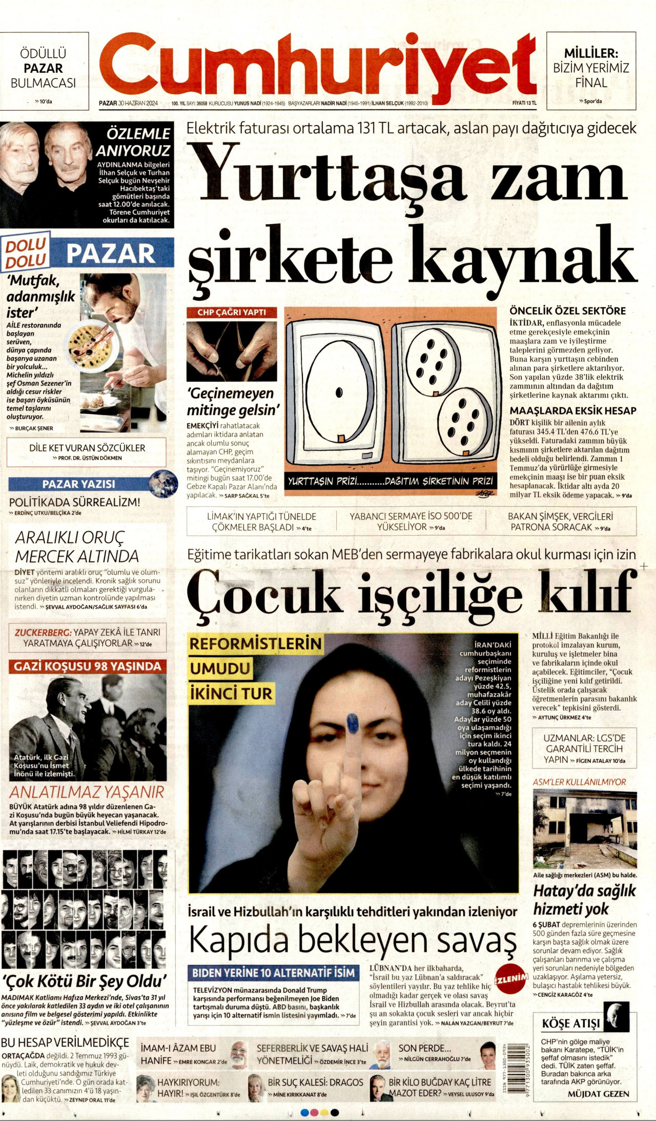 CUMHURİYET gazetesinin 30 Haziran 2024 tarihli birinci sayfası