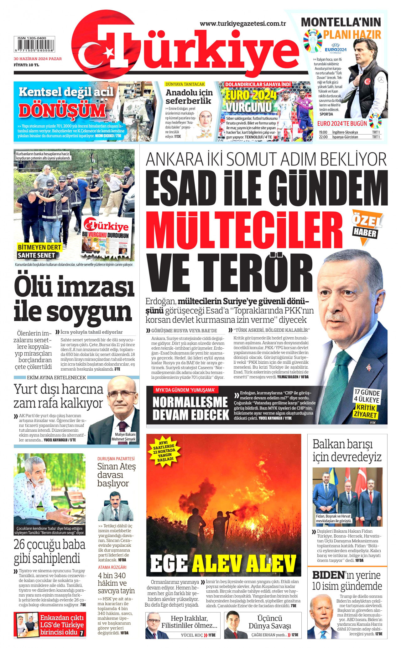 TÜRKİYE GAZETESİ gazetesinin 30 Haziran 2024 tarihli birinci sayfası