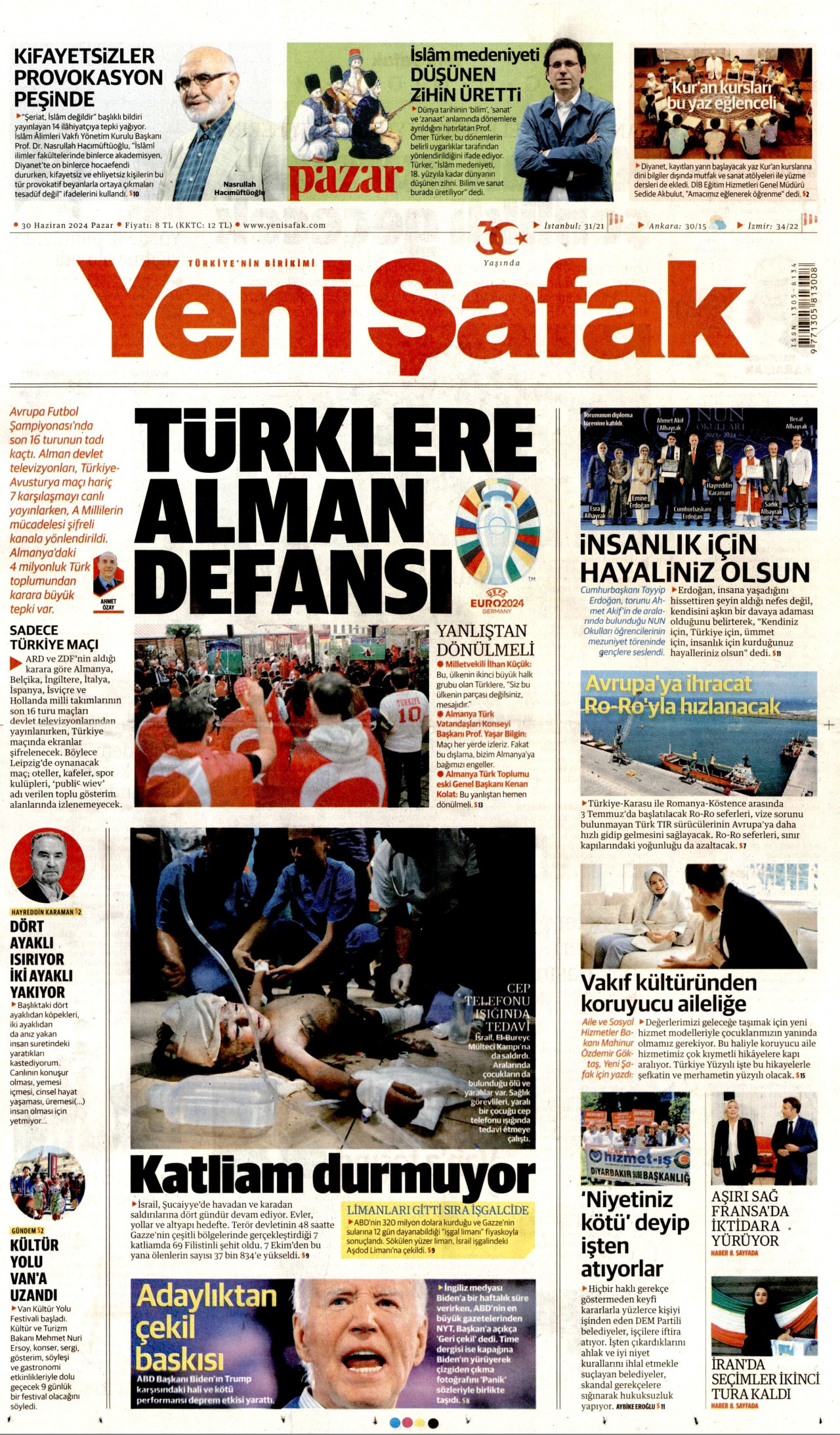 YENİ ŞAFAK gazetesinin 30 Haziran 2024 tarihli birinci sayfası