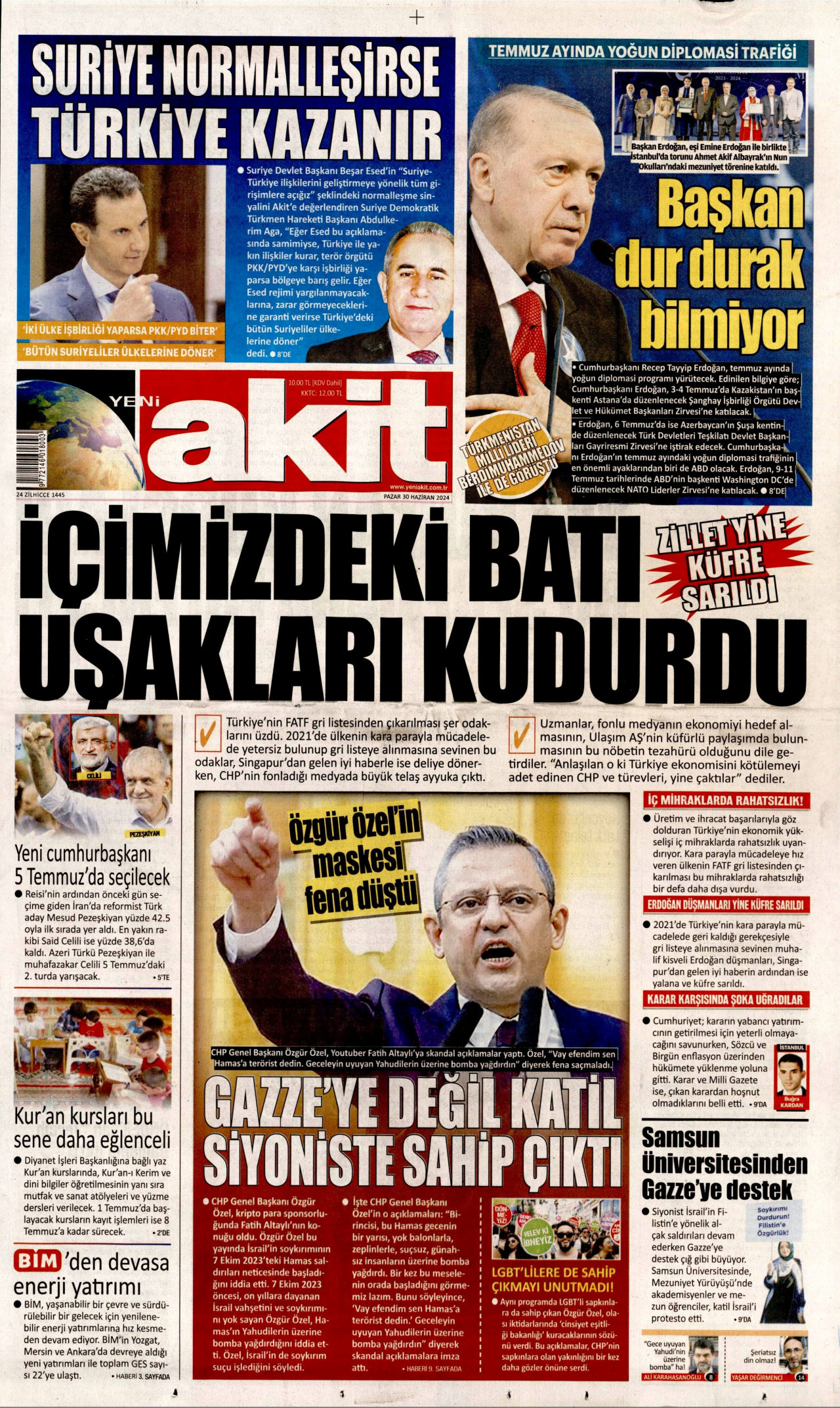 YENİ AKİT gazetesinin 30 Haziran 2024 tarihli birinci sayfası