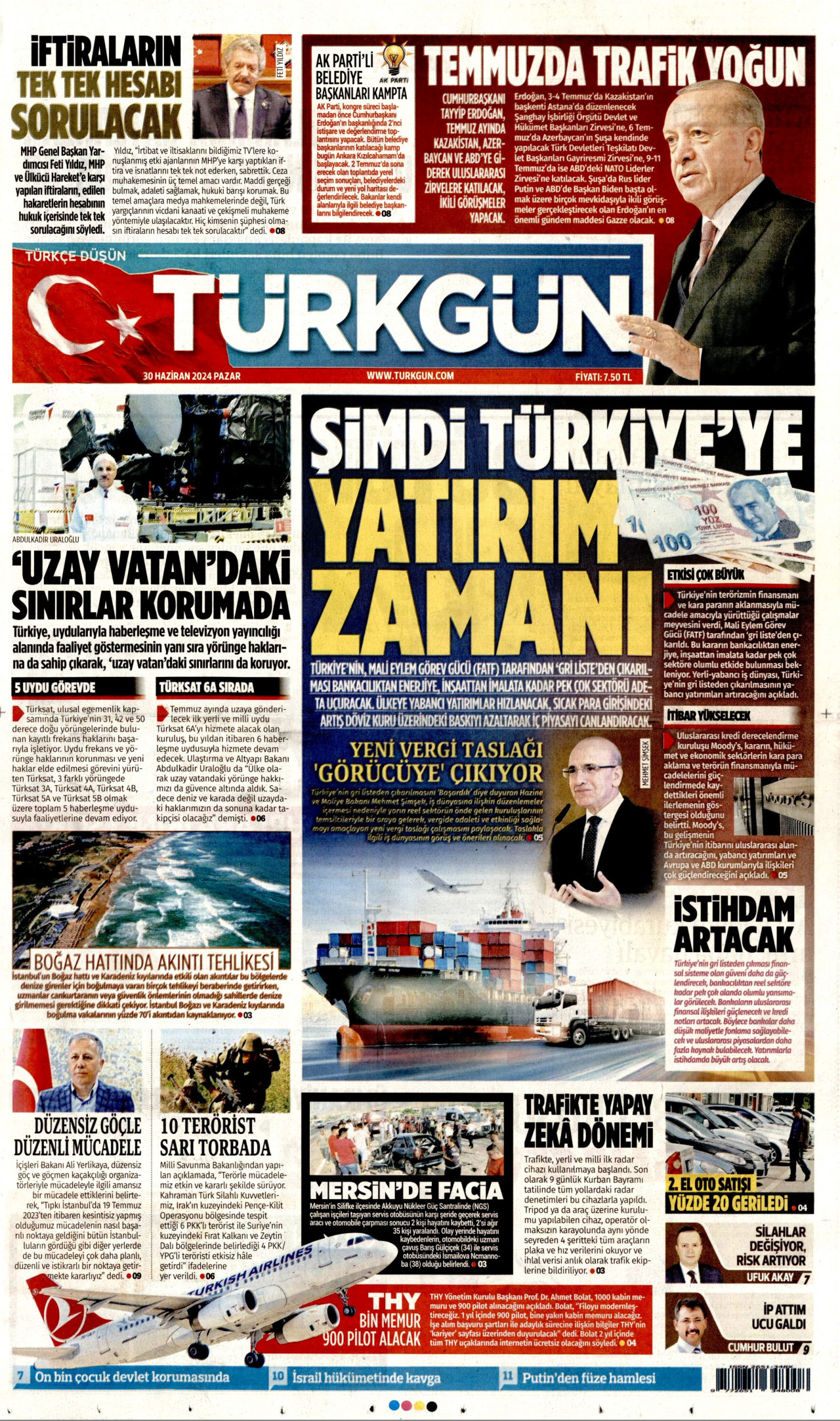 TÜRKGÜN gazetesinin 30 Haziran 2024 tarihli birinci sayfası