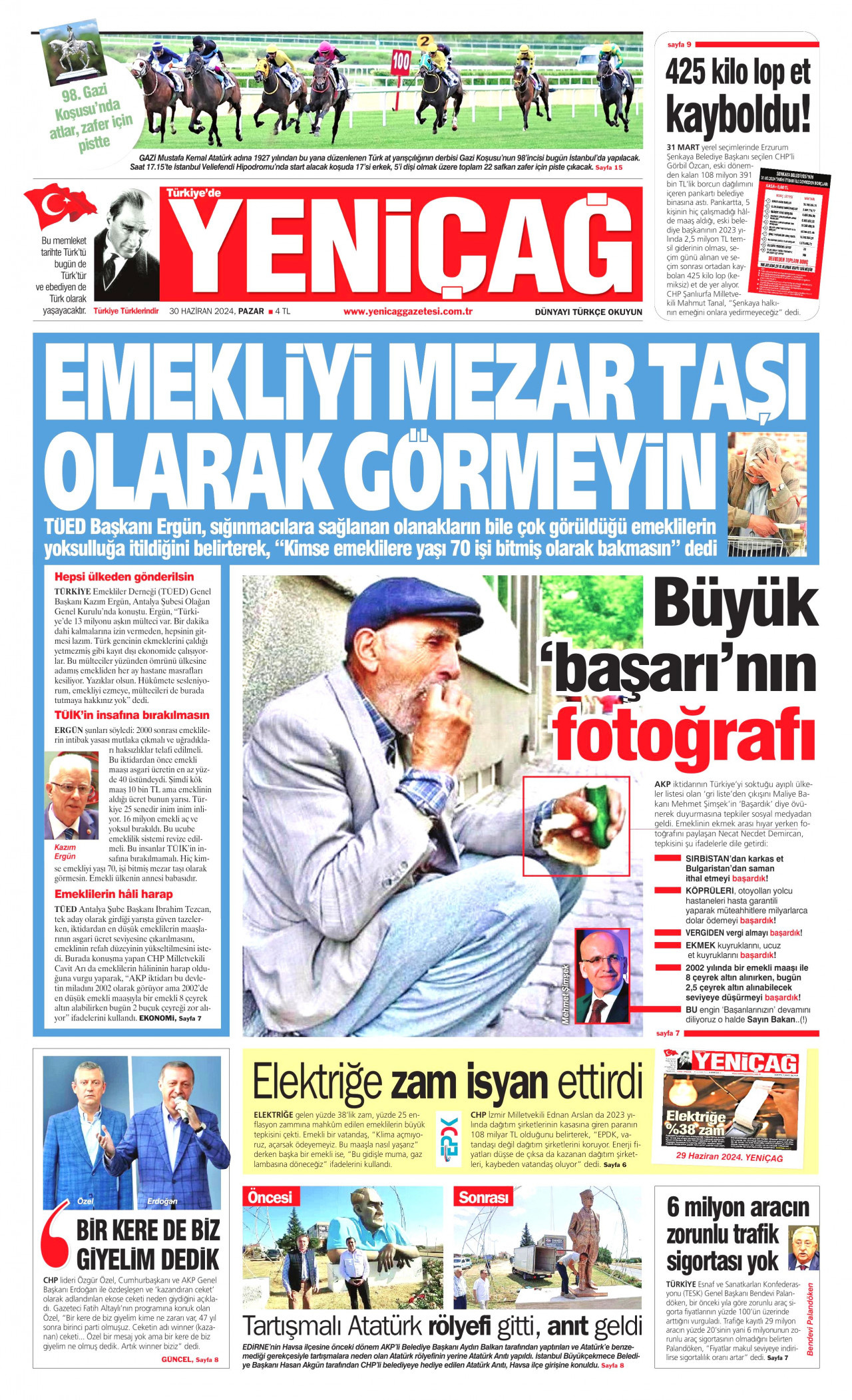 YENİÇAĞ gazetesinin 30 Haziran 2024 tarihli birinci sayfası