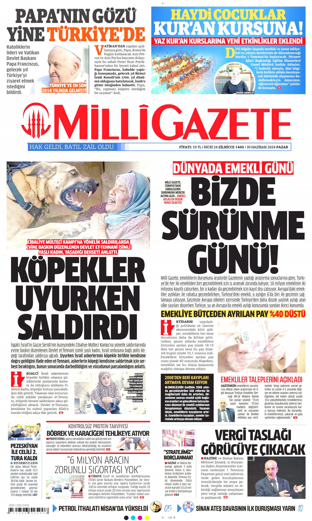 MİLLİ GAZETE gazetesinin 30 Haziran 2024 tarihli birinci sayfası