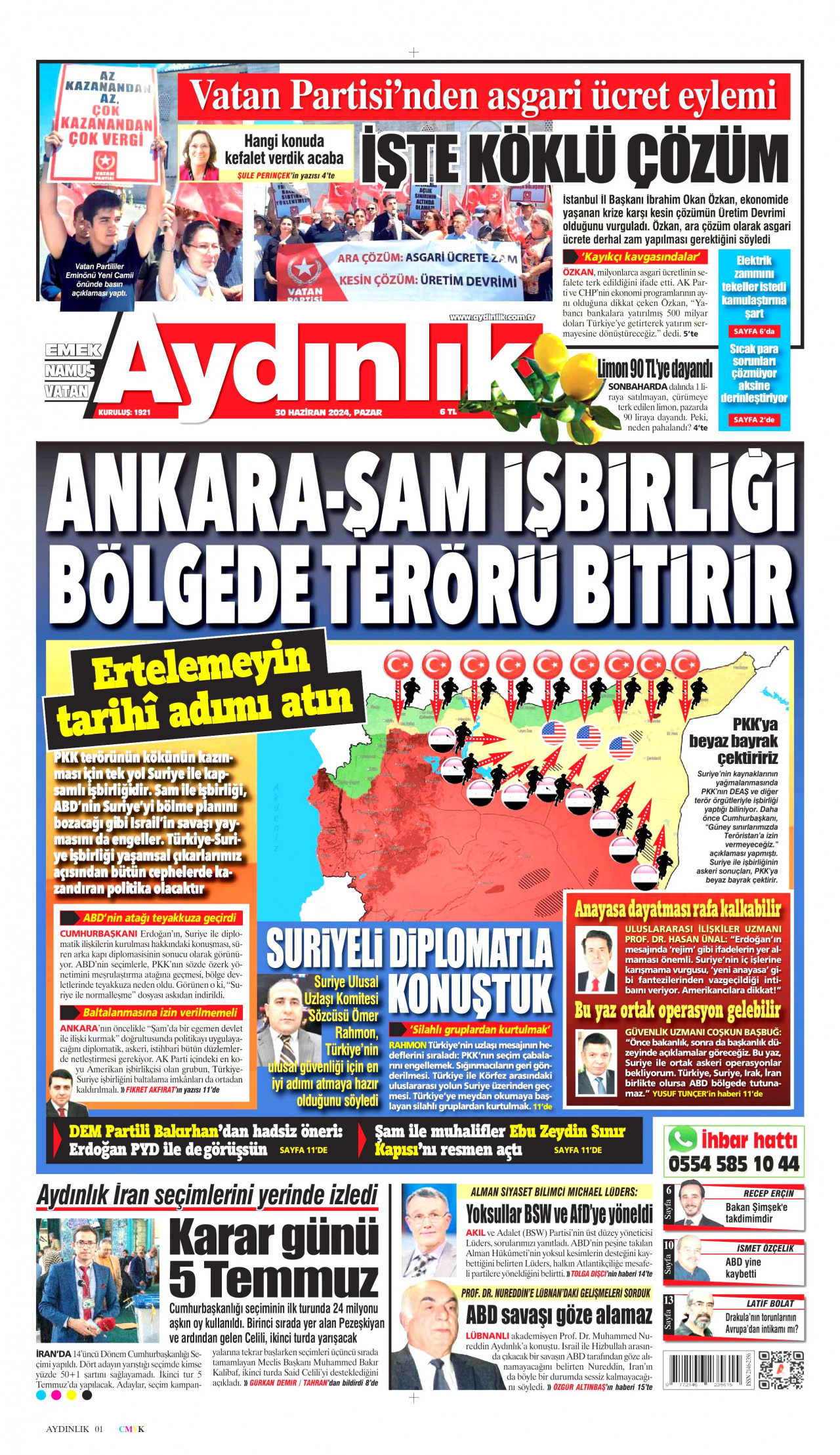 AYDINLIK GAZETESİ gazetesinin 30 Haziran 2024 tarihli birinci sayfası