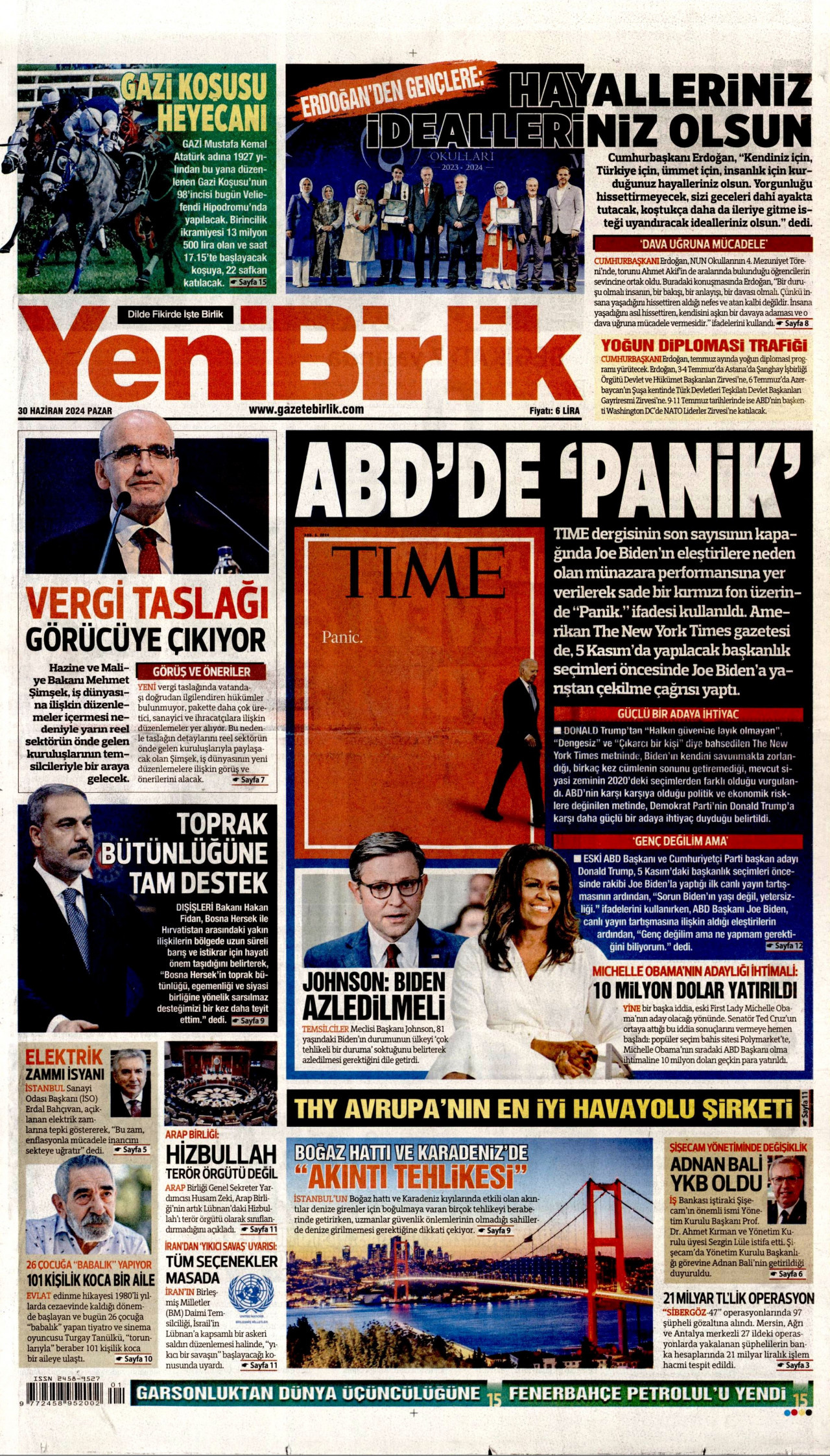 YENİBİRLİK gazetesinin 30 Haziran 2024 tarihli birinci sayfası