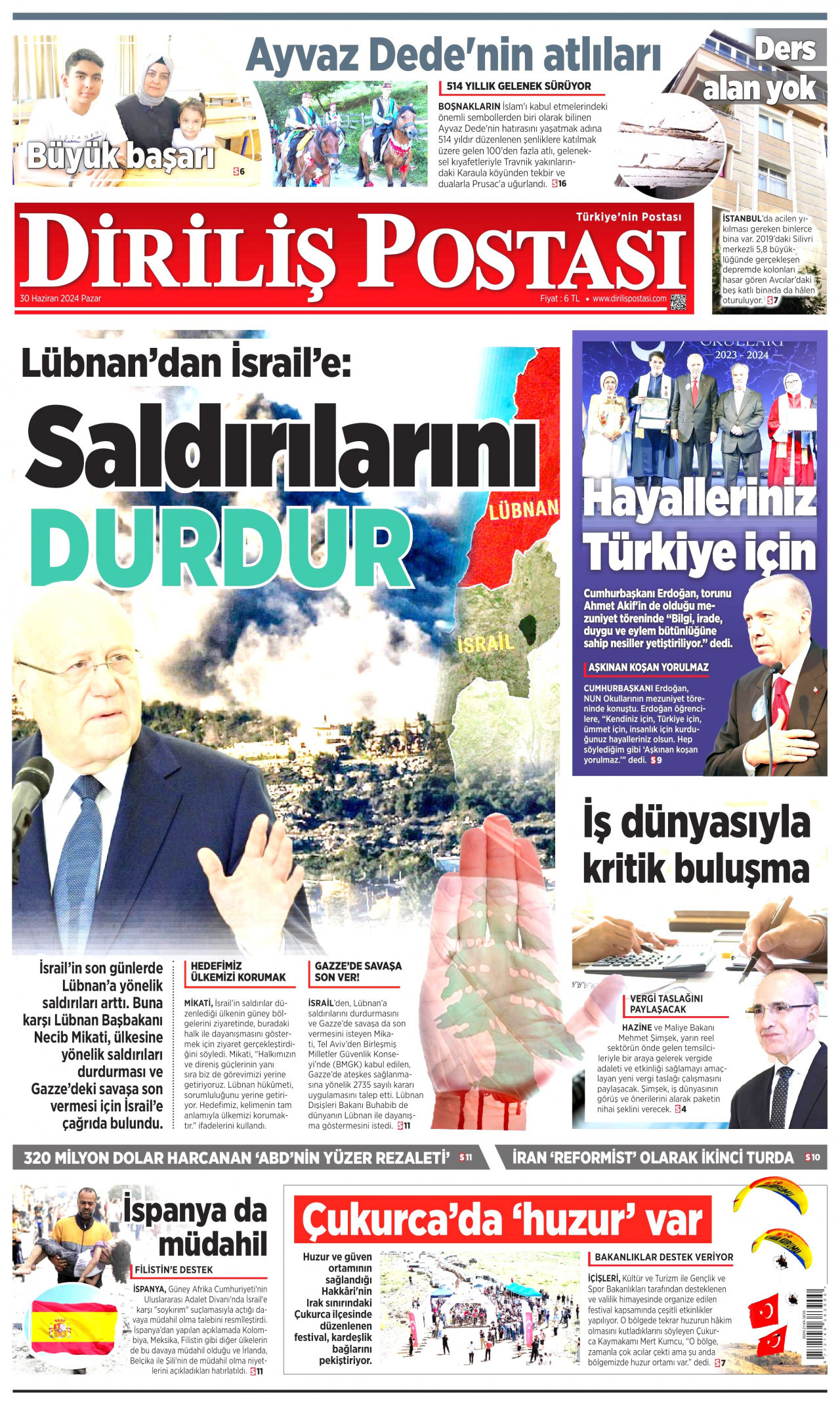 DİRİLİŞ POSTASI gazetesinin 30 Haziran 2024 tarihli birinci sayfası