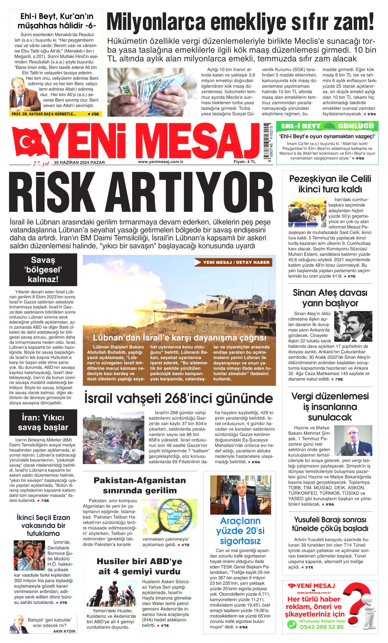 YENİ MESAJ gazetesinin 30 Haziran 2024 tarihli birinci sayfası