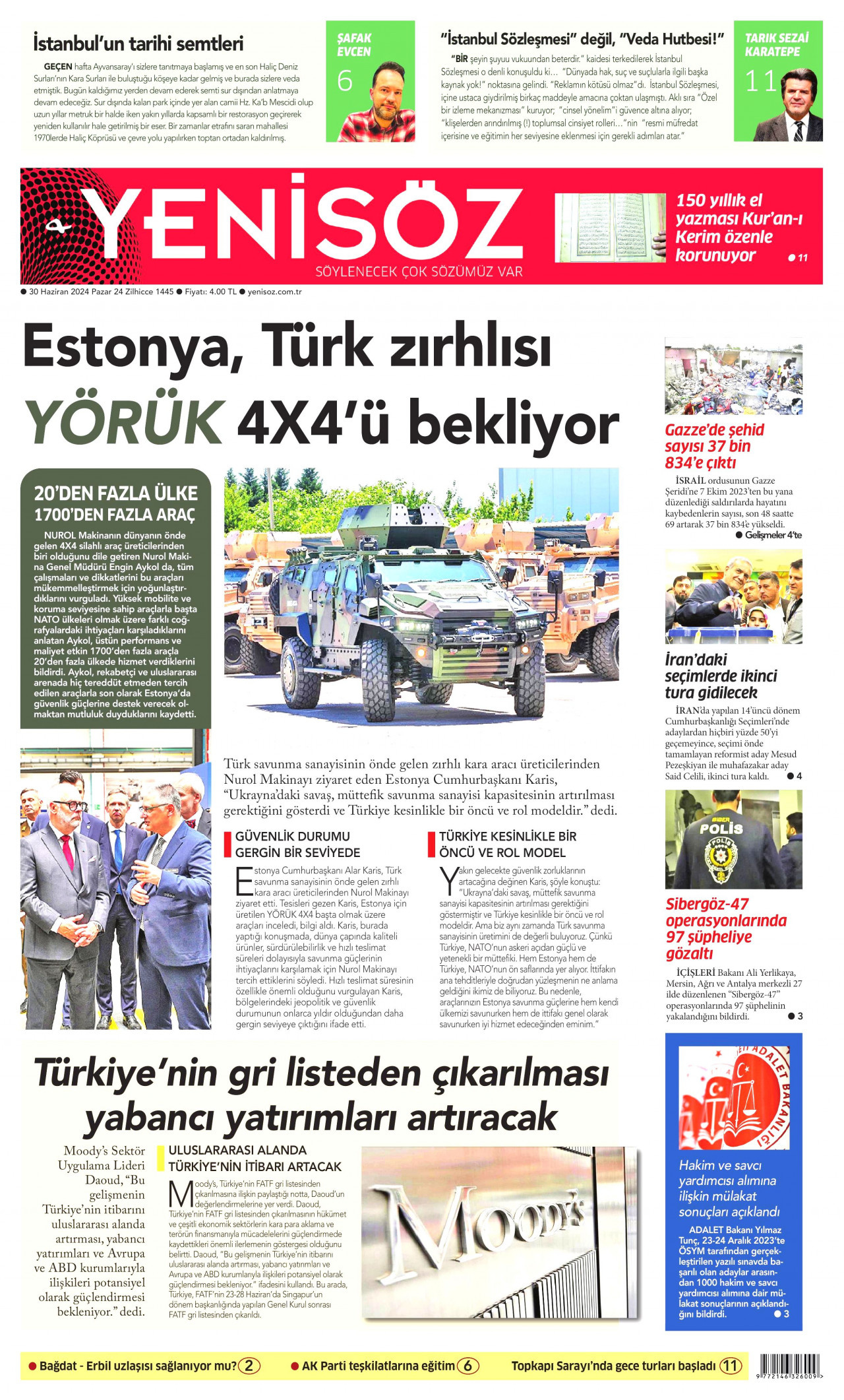 YENİ SÖZ GAZETESİ gazetesinin 30 Haziran 2024 tarihli birinci sayfası