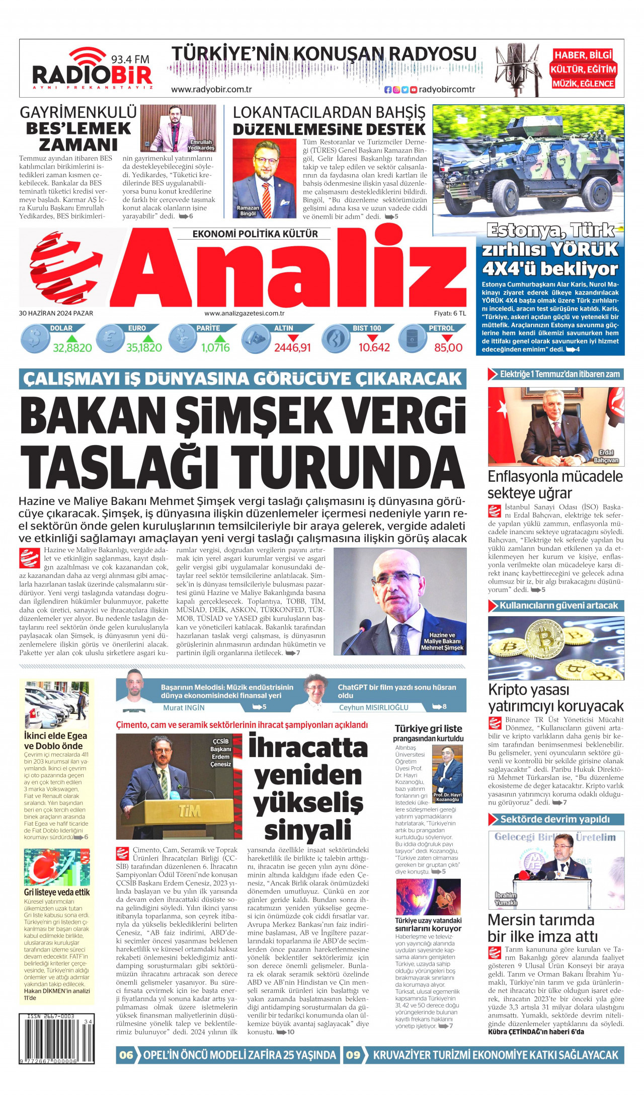 ANALİZ gazetesinin 30 Haziran 2024 tarihli birinci sayfası