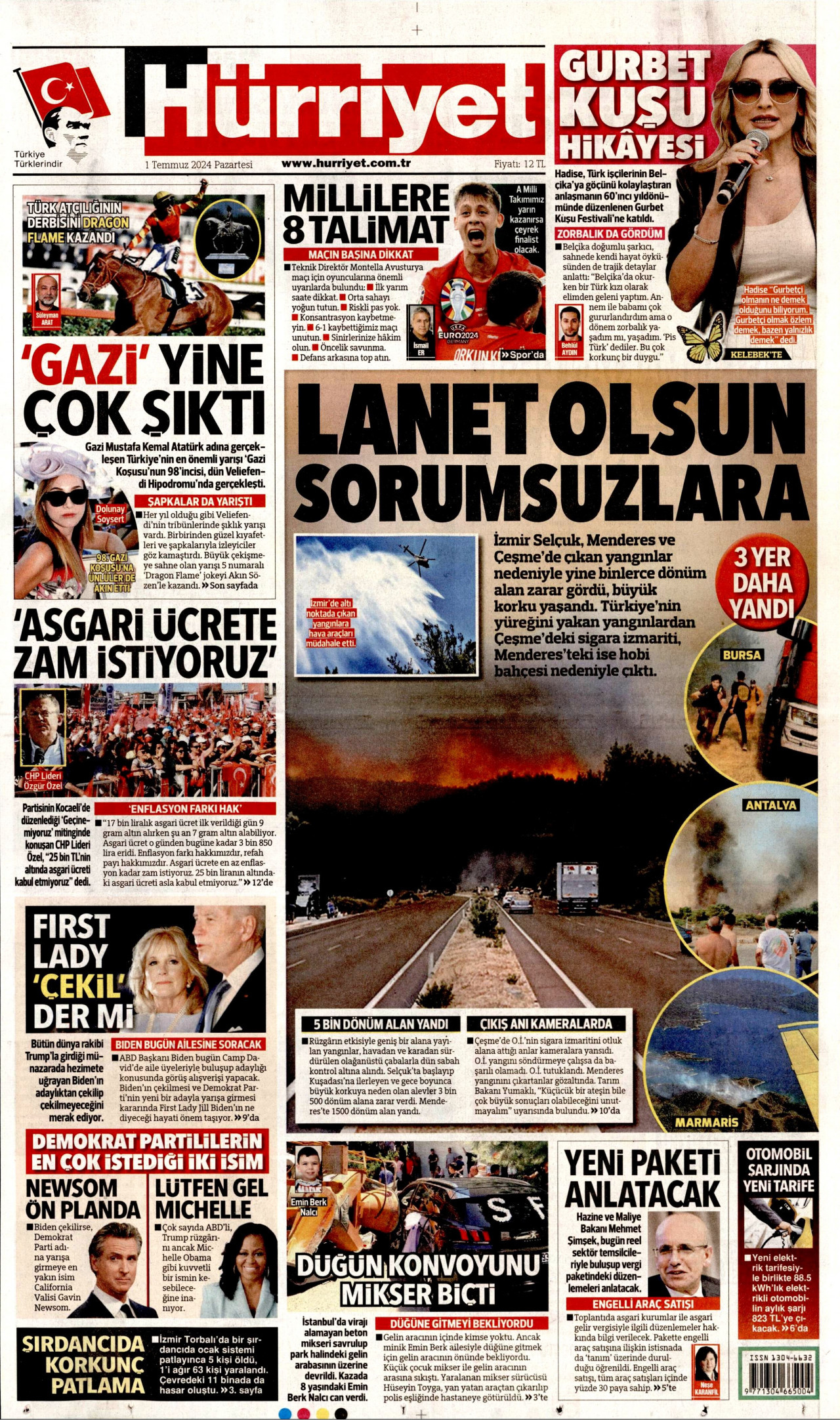 HÜRRİYET gazetesinin 1 Temmuz 2024 tarihli birinci sayfası