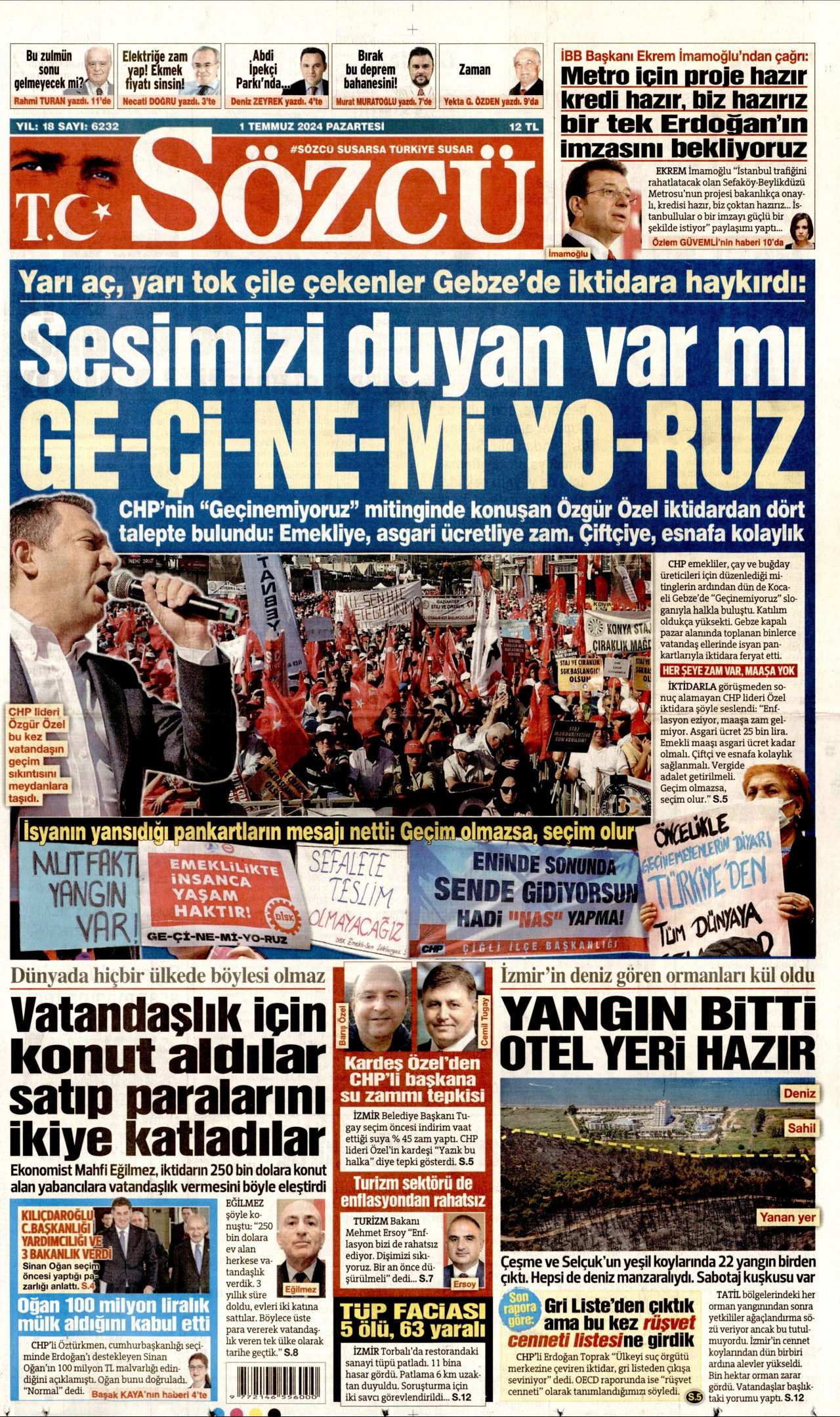 SÖZCÜ gazetesinin 1 Temmuz 2024 tarihli birinci sayfası