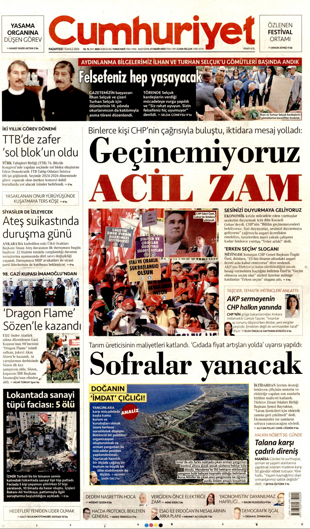 CUMHURİYET gazetesinin 1 Temmuz 2024 tarihli birinci sayfası