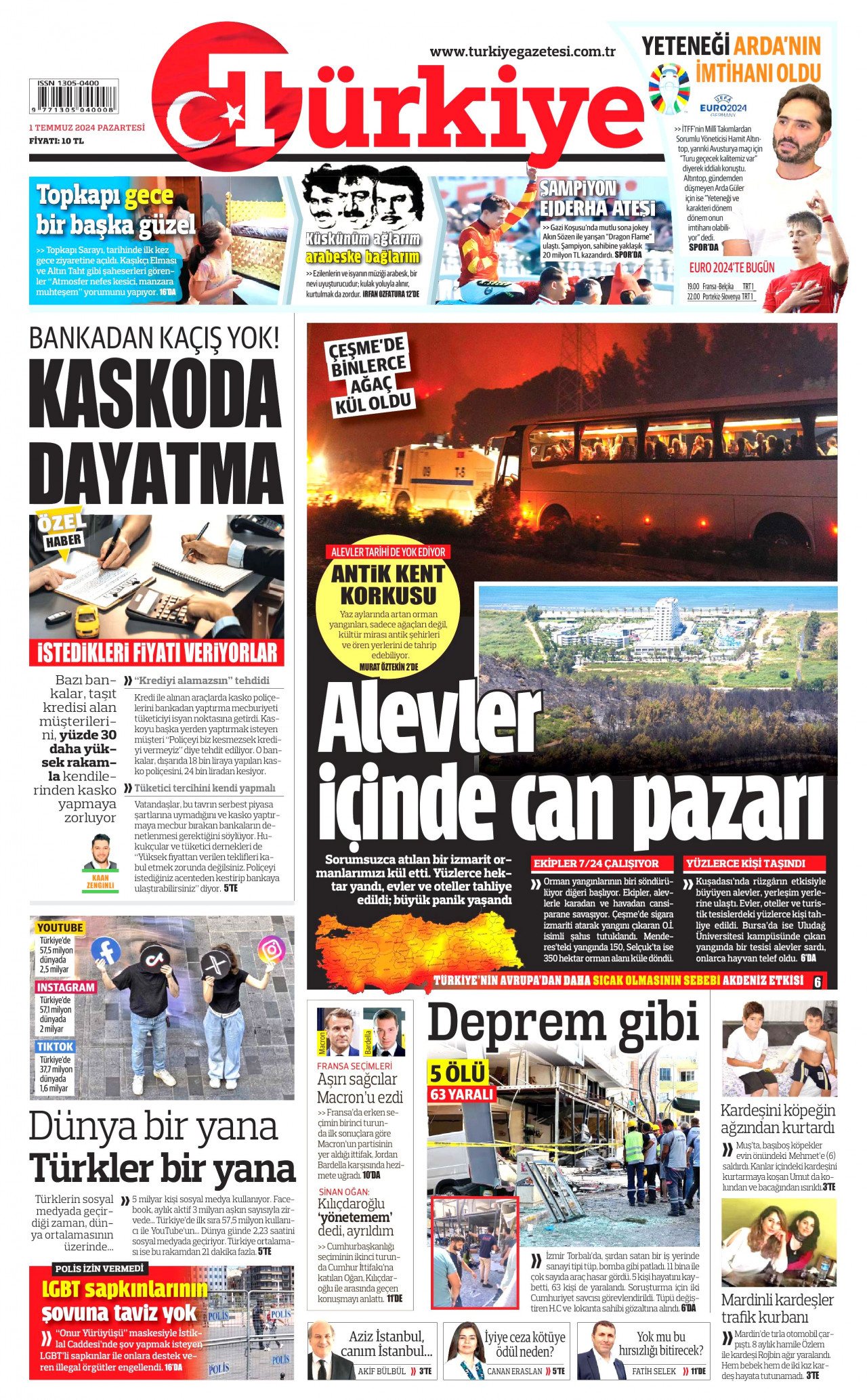 TÜRKİYE GAZETESİ gazetesinin 1 Temmuz 2024 tarihli birinci sayfası