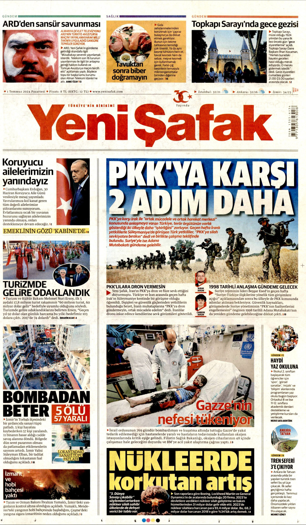 YENİ ŞAFAK gazetesinin 1 Temmuz 2024 tarihli birinci sayfası