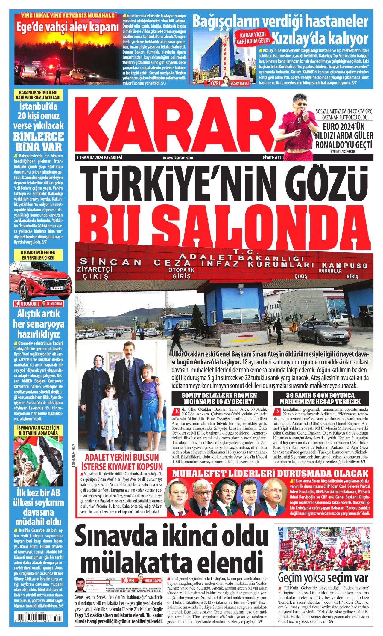 KARAR gazetesinin 1 Temmuz 2024 tarihli birinci sayfası