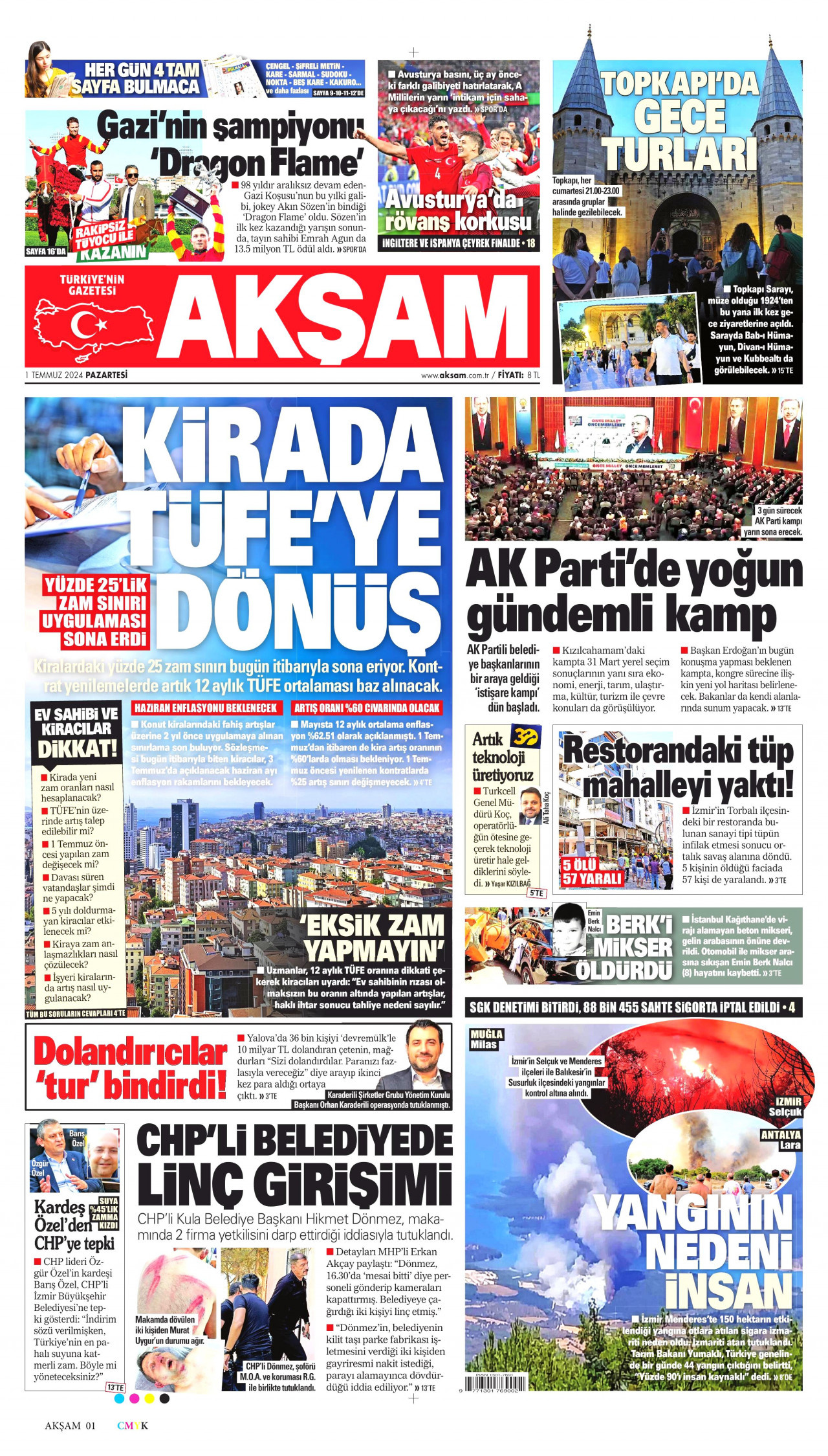 AKŞAM gazetesinin 1 Temmuz 2024 tarihli birinci sayfası