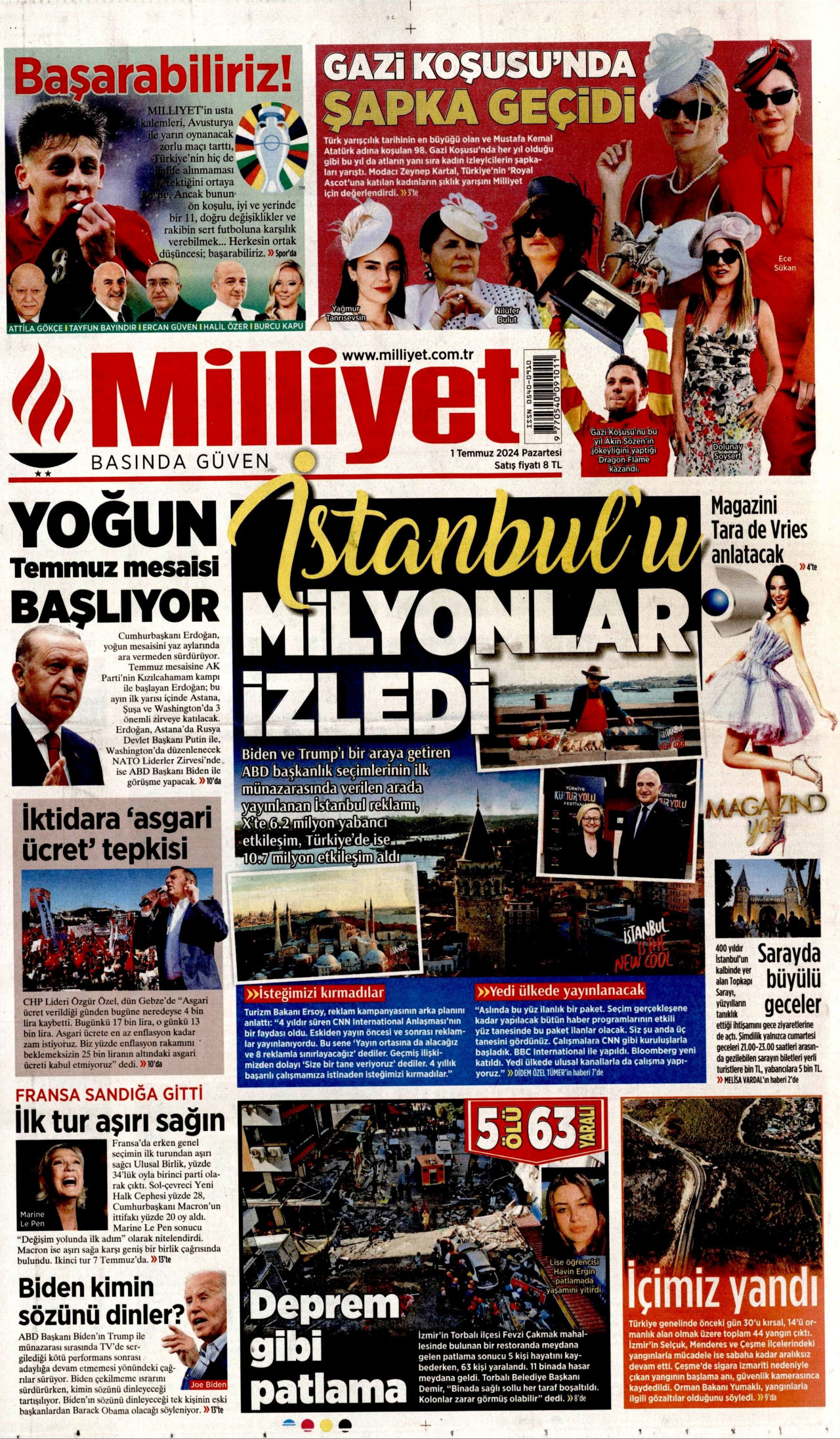 MİLLİYET gazetesinin 1 Temmuz 2024 tarihli birinci sayfası