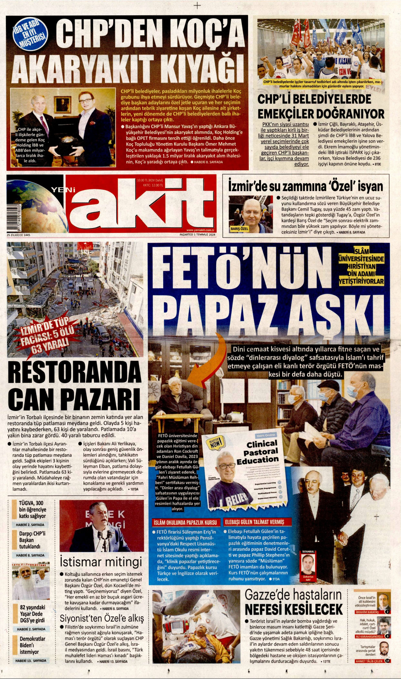 YENİ AKİT gazetesinin 1 Temmuz 2024 tarihli birinci sayfası