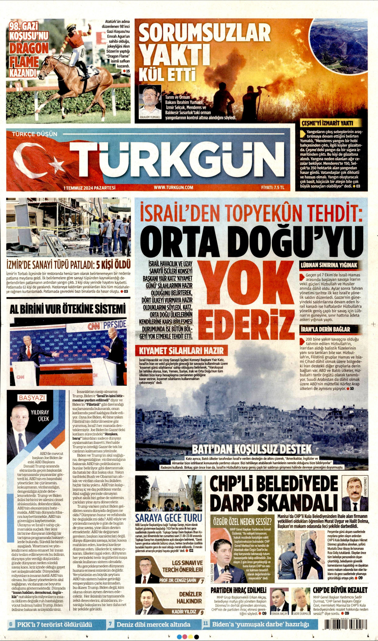 TÜRKGÜN gazetesinin 1 Temmuz 2024 tarihli birinci sayfası