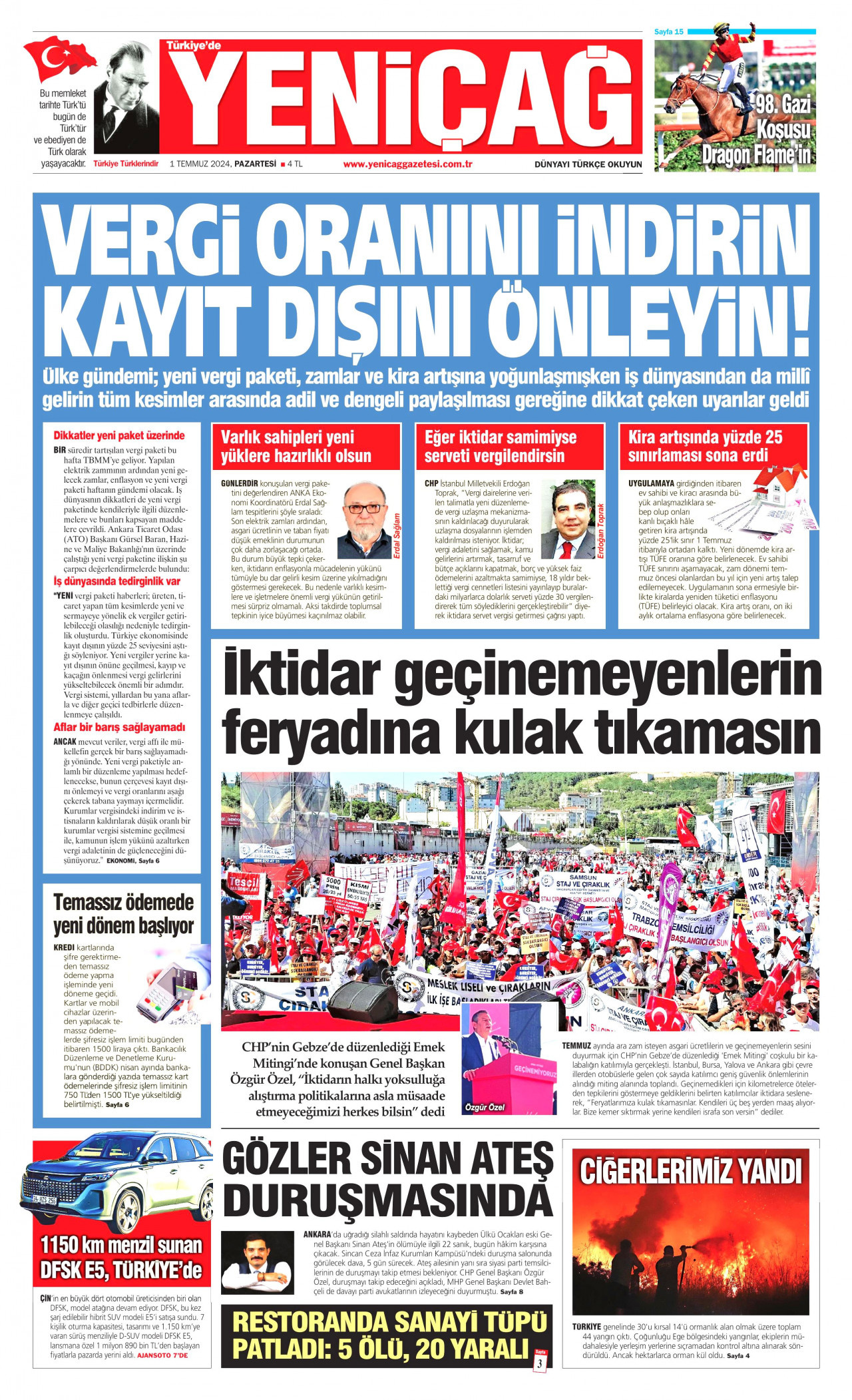YENİÇAĞ gazetesinin 1 Temmuz 2024 tarihli birinci sayfası