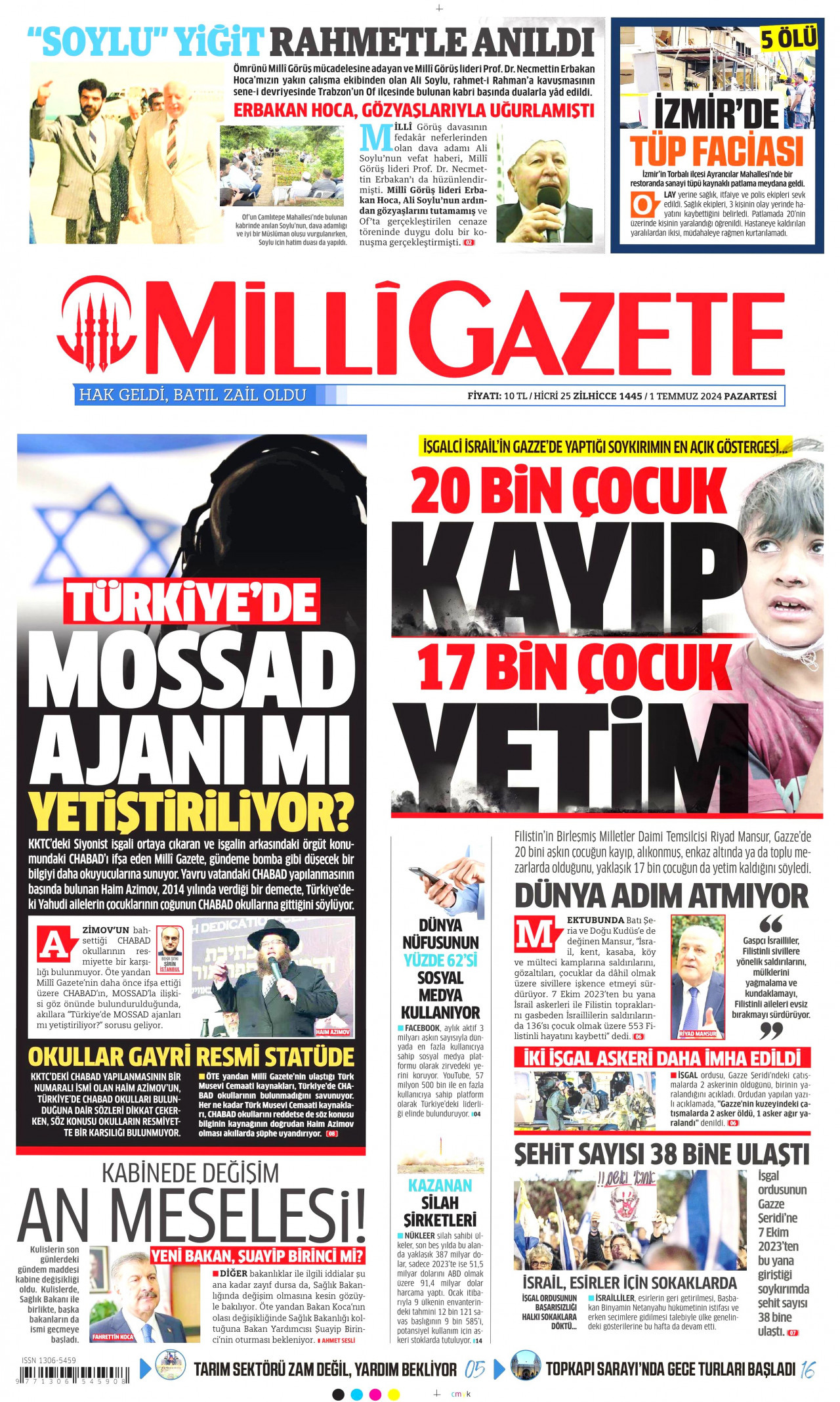 MİLLİ GAZETE gazetesinin 1 Temmuz 2024 tarihli birinci sayfası
