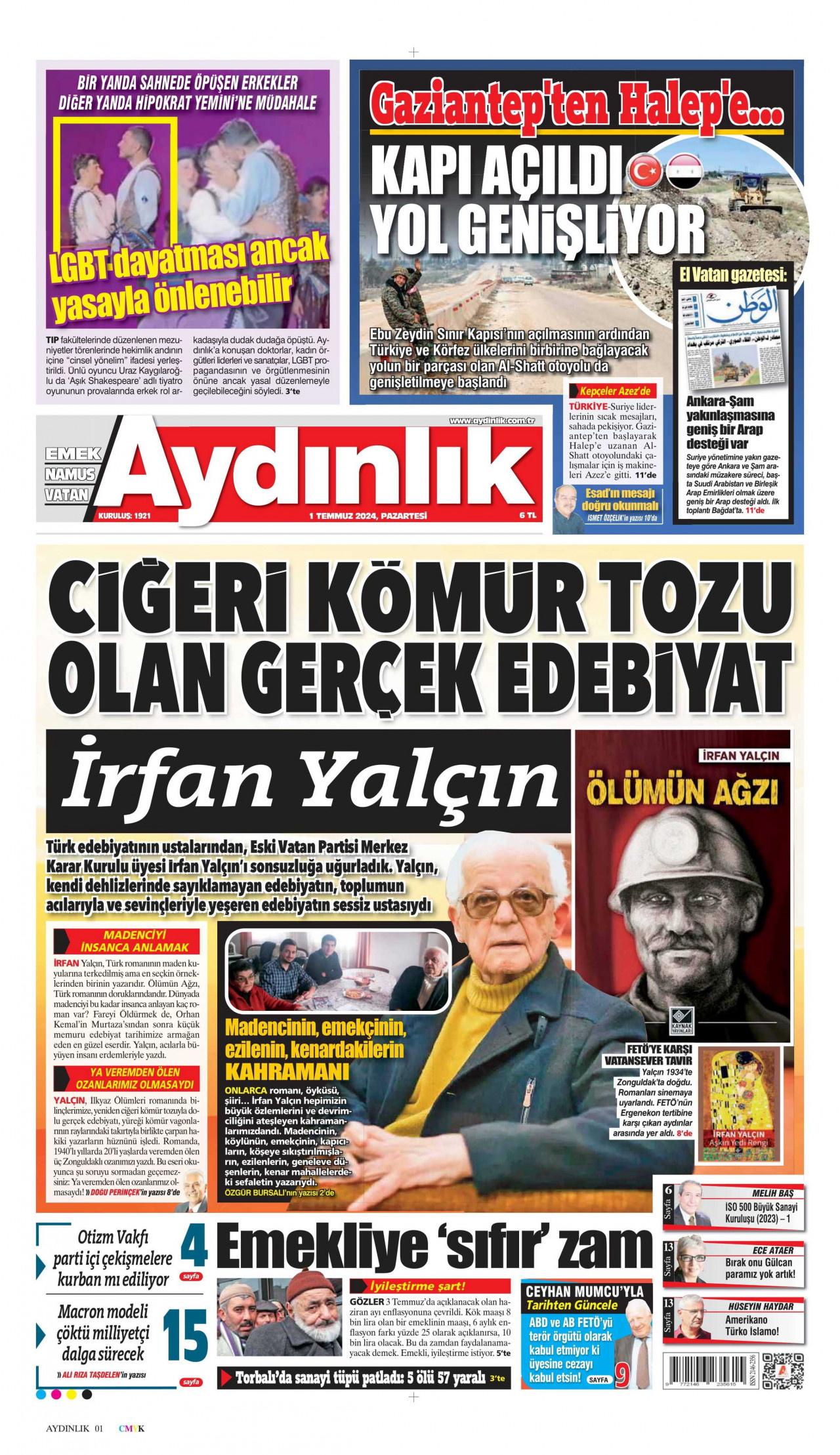 AYDINLIK GAZETESİ gazetesinin 1 Temmuz 2024 tarihli birinci sayfası
