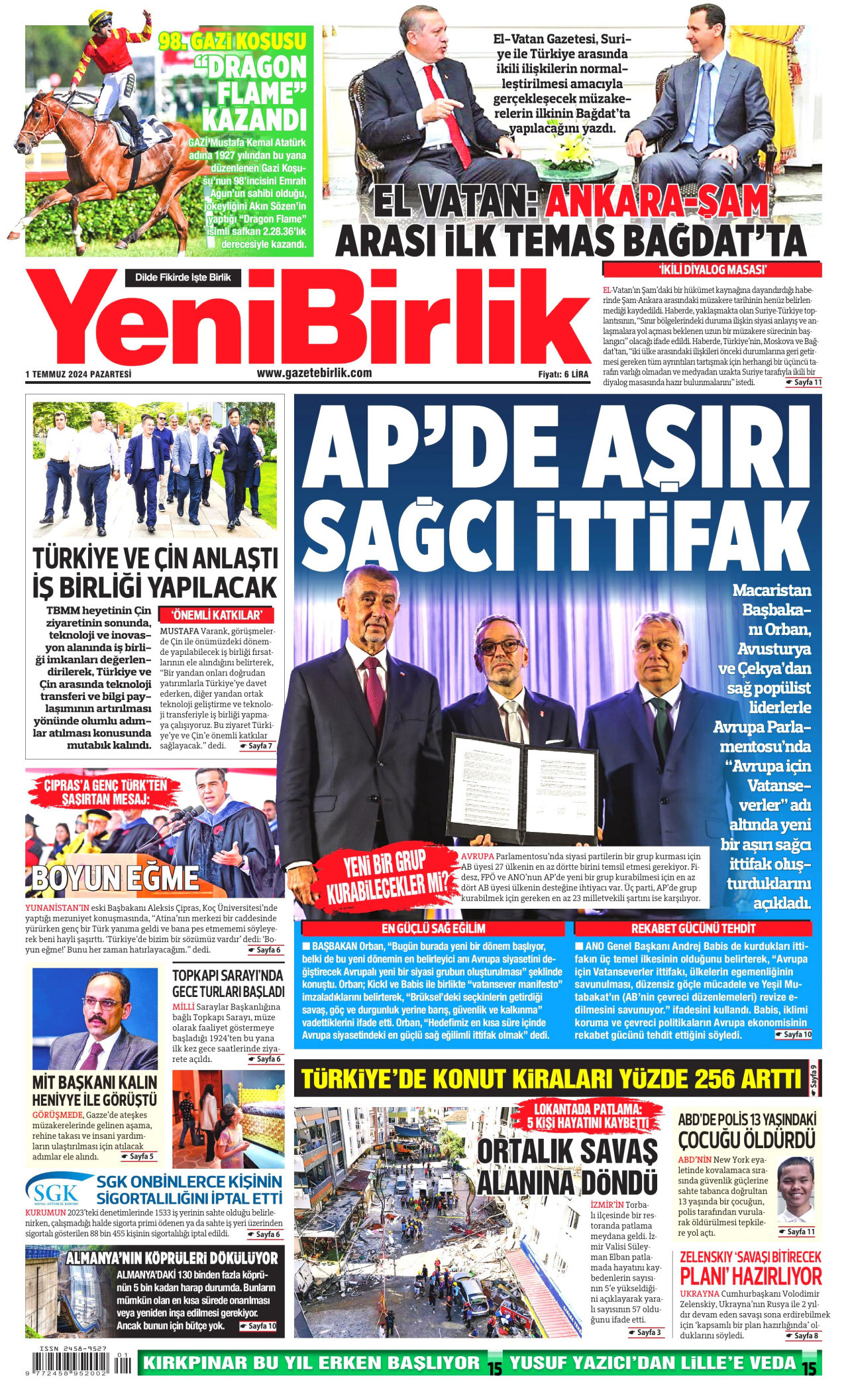 YENİBİRLİK gazetesinin 1 Temmuz 2024 tarihli birinci sayfası