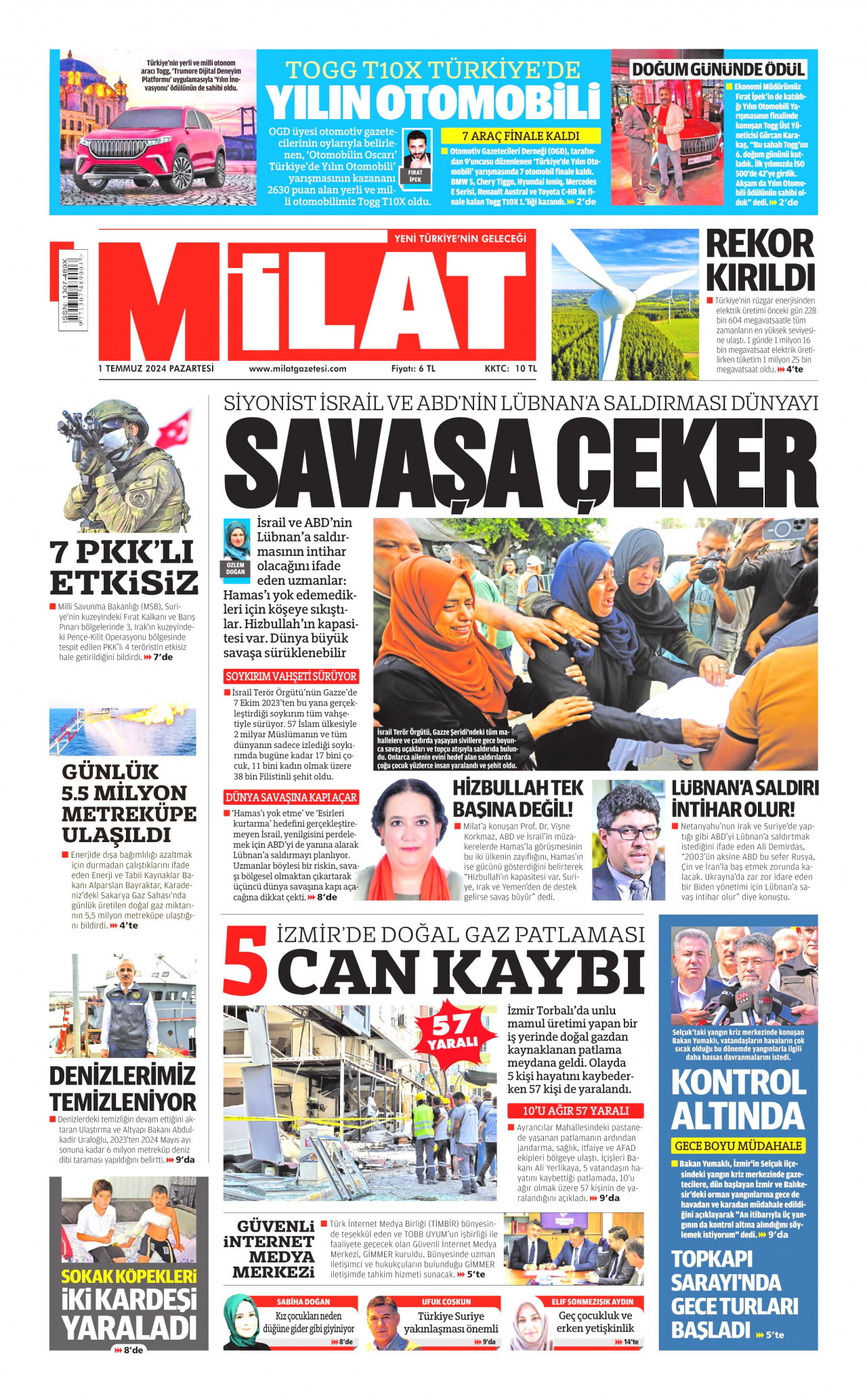 MİLAT gazetesinin 1 Temmuz 2024 tarihli birinci sayfası