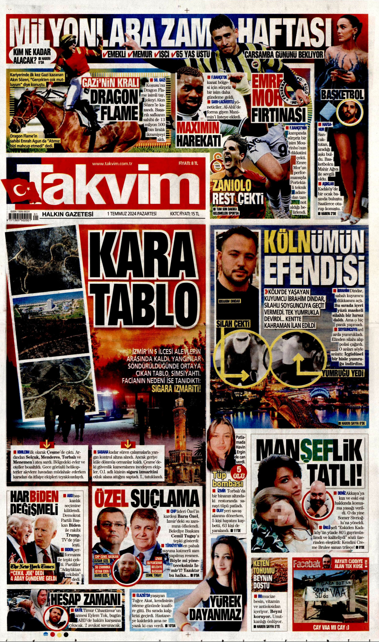 TAKVİM gazetesinin 1 Temmuz 2024 tarihli birinci sayfası