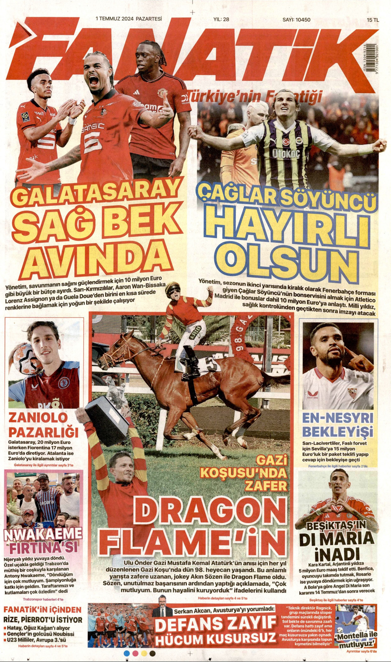 FANATİK gazetesinin 1 Temmuz 2024 tarihli birinci sayfası