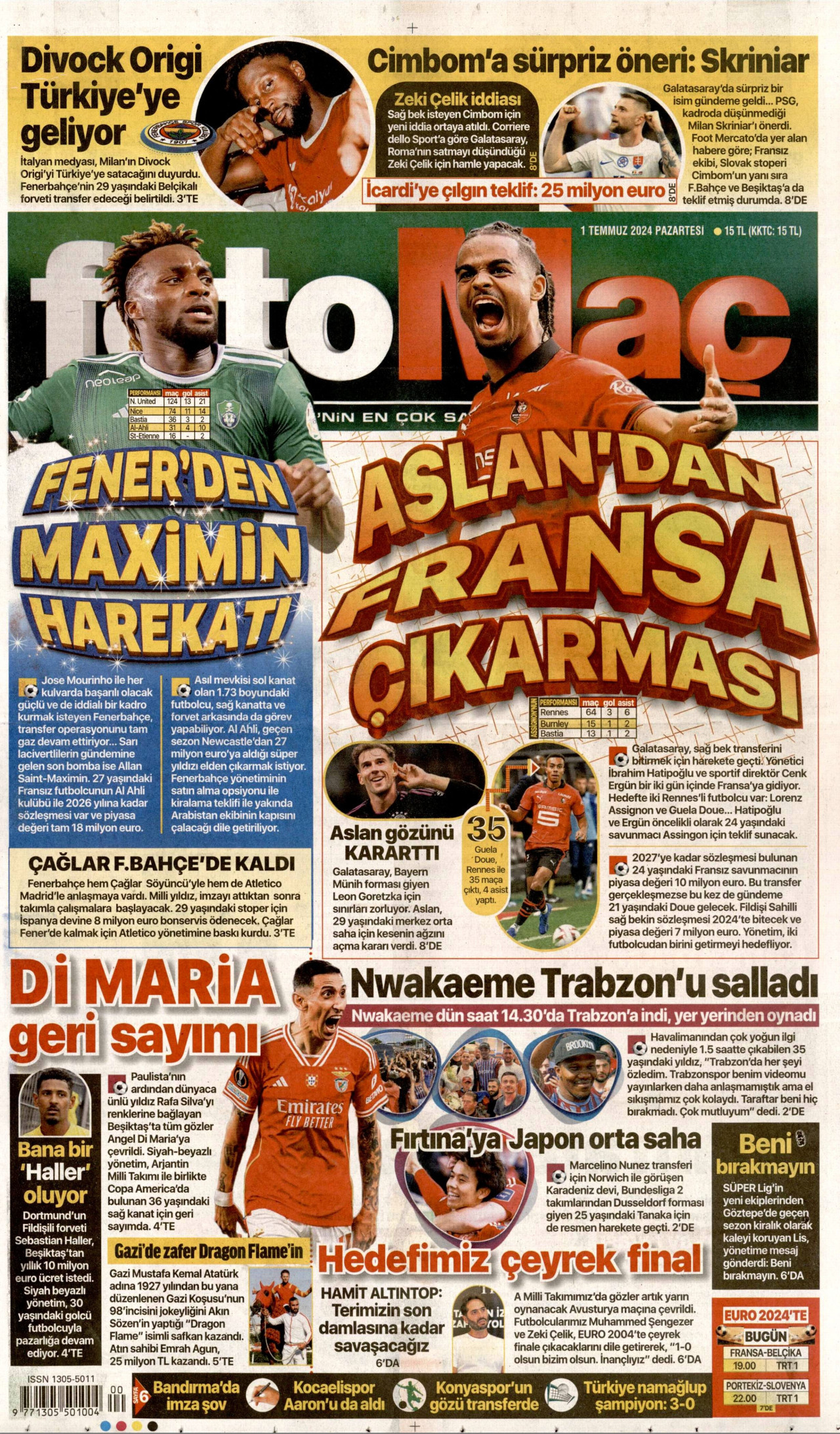 FOTOMAÇ gazetesinin 1 Temmuz 2024 tarihli birinci sayfası