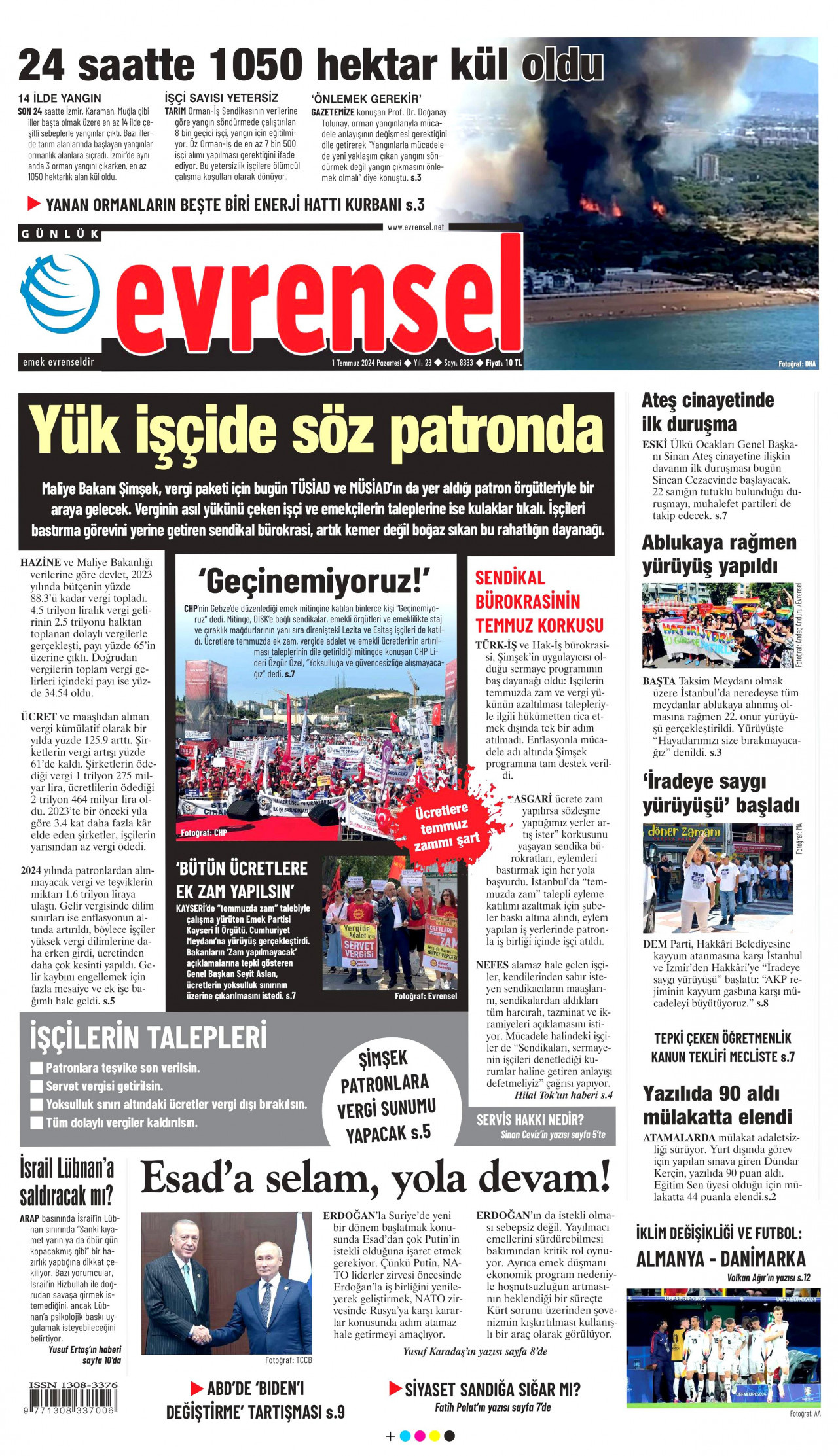 EVRENSEL gazetesinin 1 Temmuz 2024 tarihli birinci sayfası