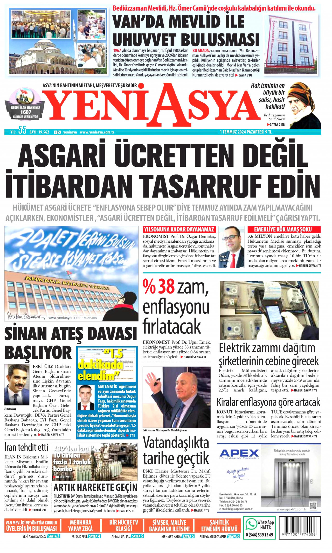 YENİ ASYA gazetesinin 1 Temmuz 2024 tarihli birinci sayfası