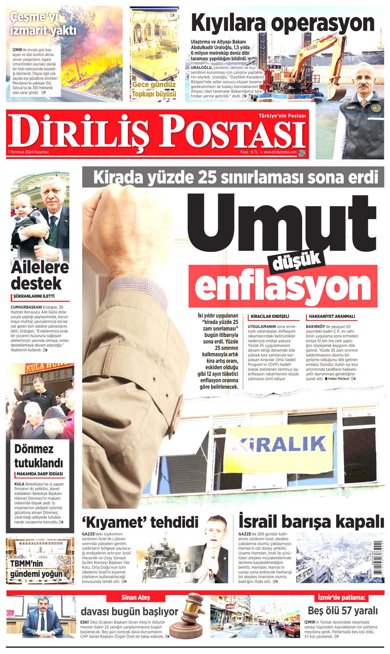 DİRİLİŞ POSTASI gazetesinin 1 Temmuz 2024 tarihli birinci sayfası