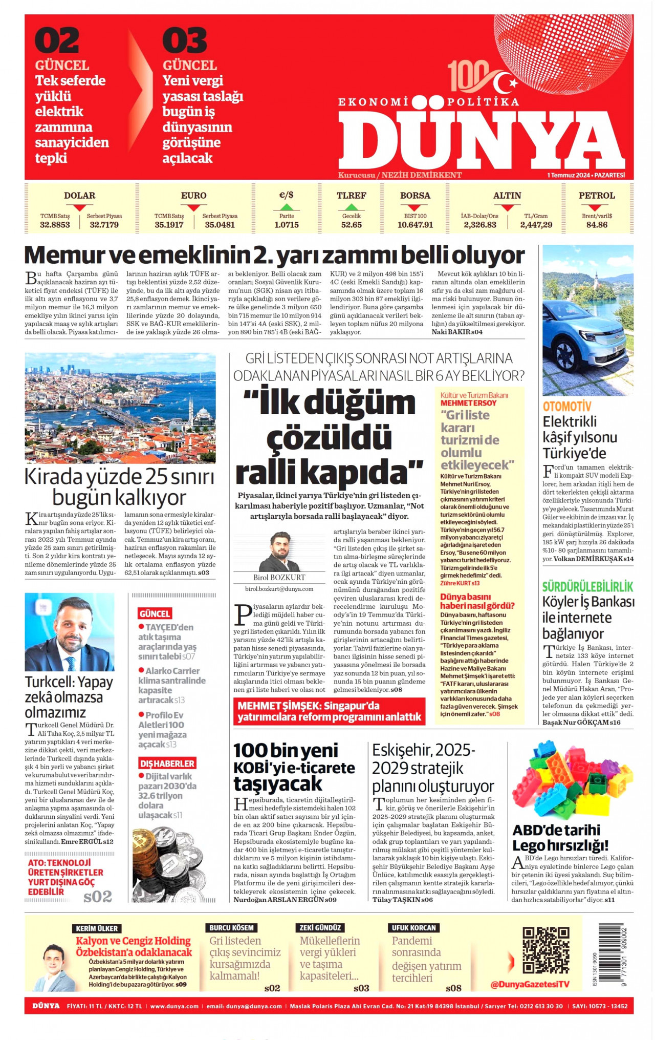 DÜNYA gazetesinin 1 Temmuz 2024 tarihli birinci sayfası