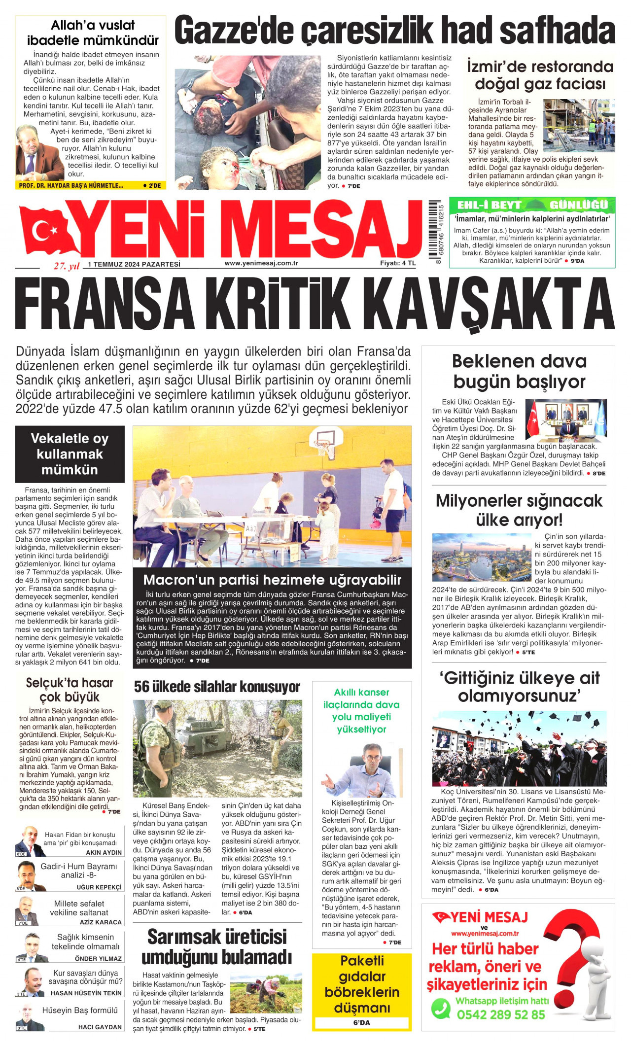 YENİ MESAJ gazetesinin 1 Temmuz 2024 tarihli birinci sayfası