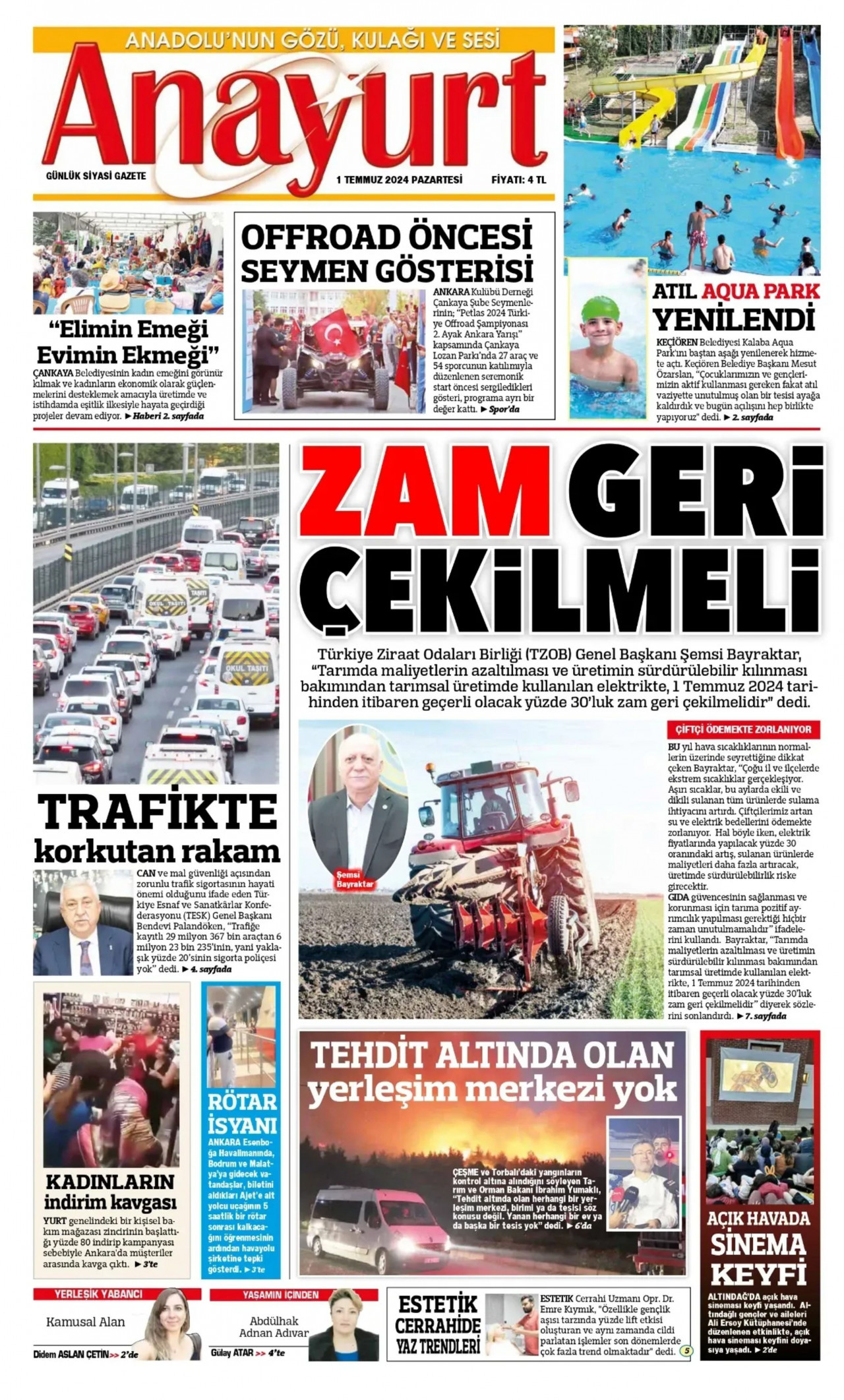 ANAYURT gazetesinin 1 Temmuz 2024 tarihli birinci sayfası