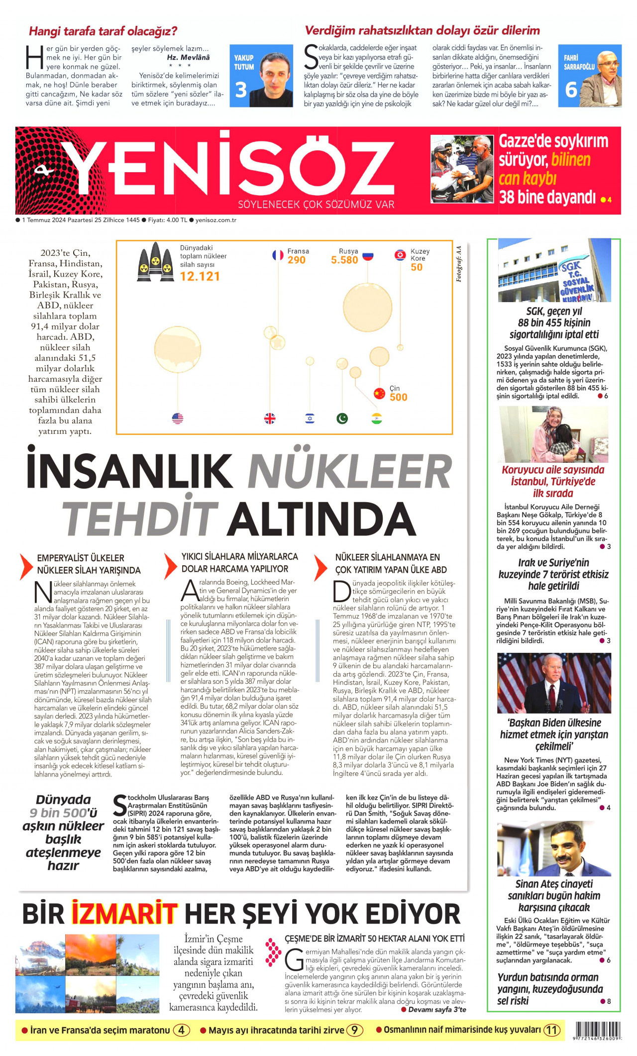 YENİ SÖZ GAZETESİ gazetesinin 1 Temmuz 2024 tarihli birinci sayfası