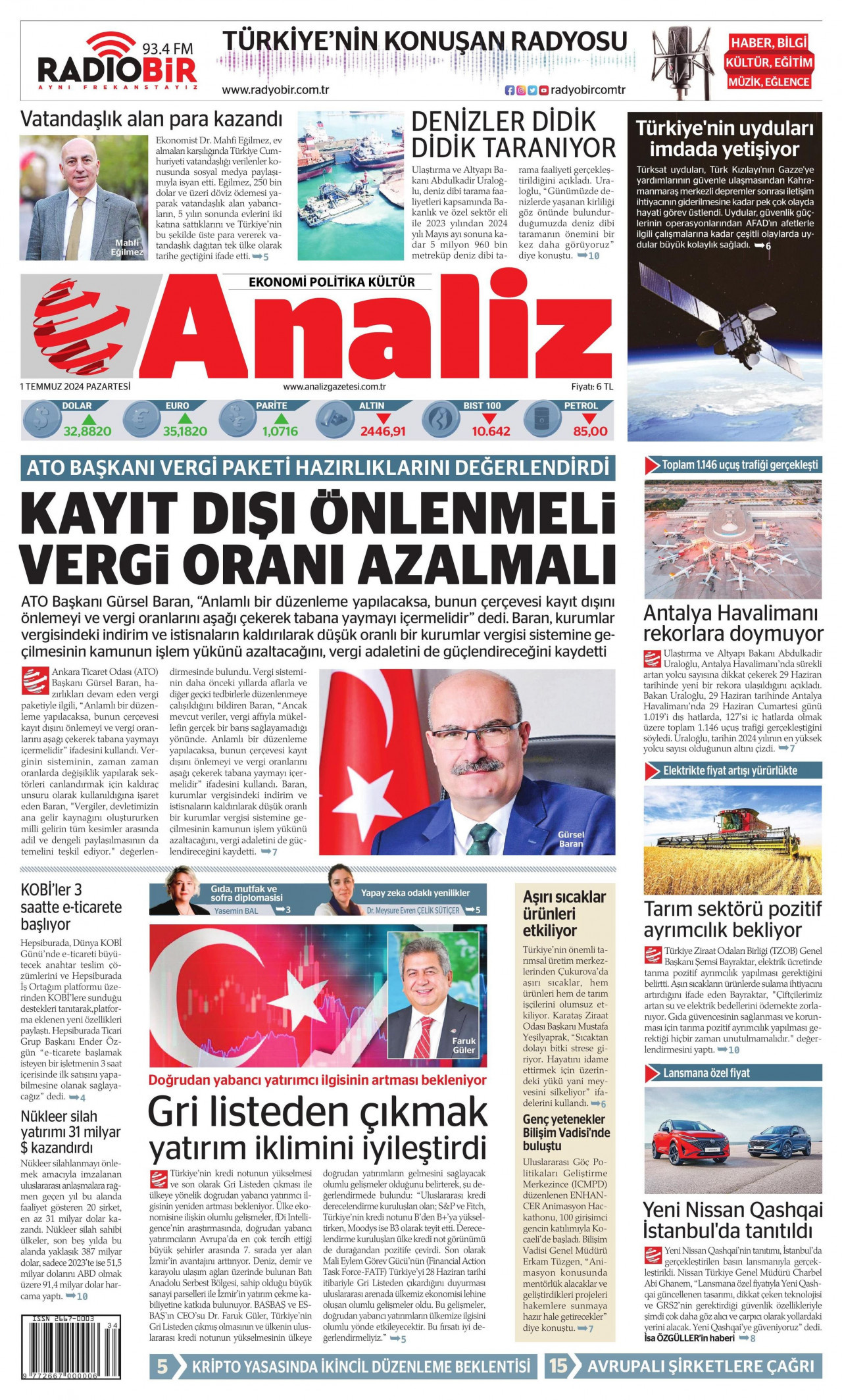 ANALİZ gazetesinin 1 Temmuz 2024 tarihli birinci sayfası