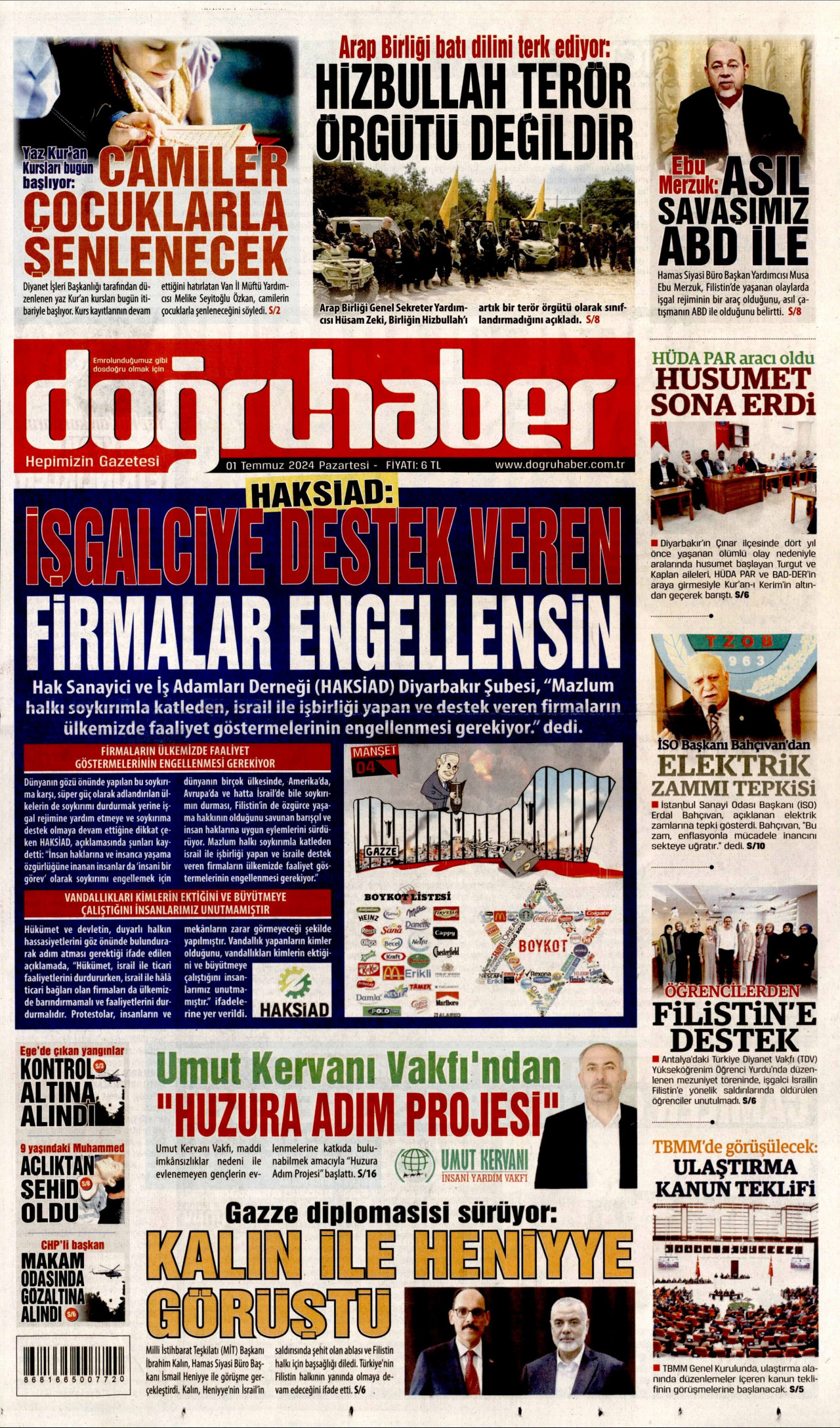 DOĞRU HABER gazetesinin 1 Temmuz 2024 tarihli birinci sayfası